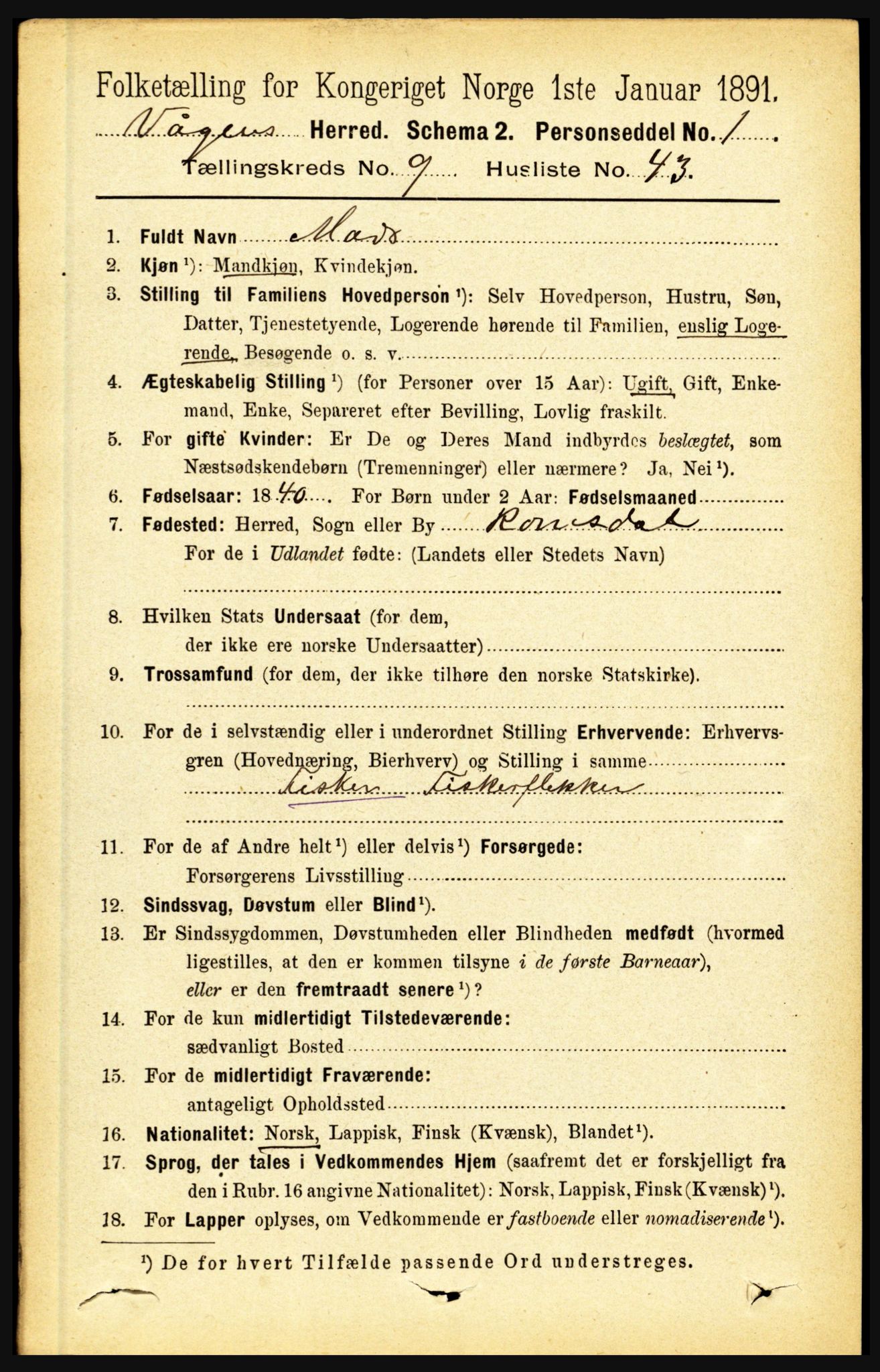 RA, 1891 census for 1865 Vågan, 1891, p. 2520