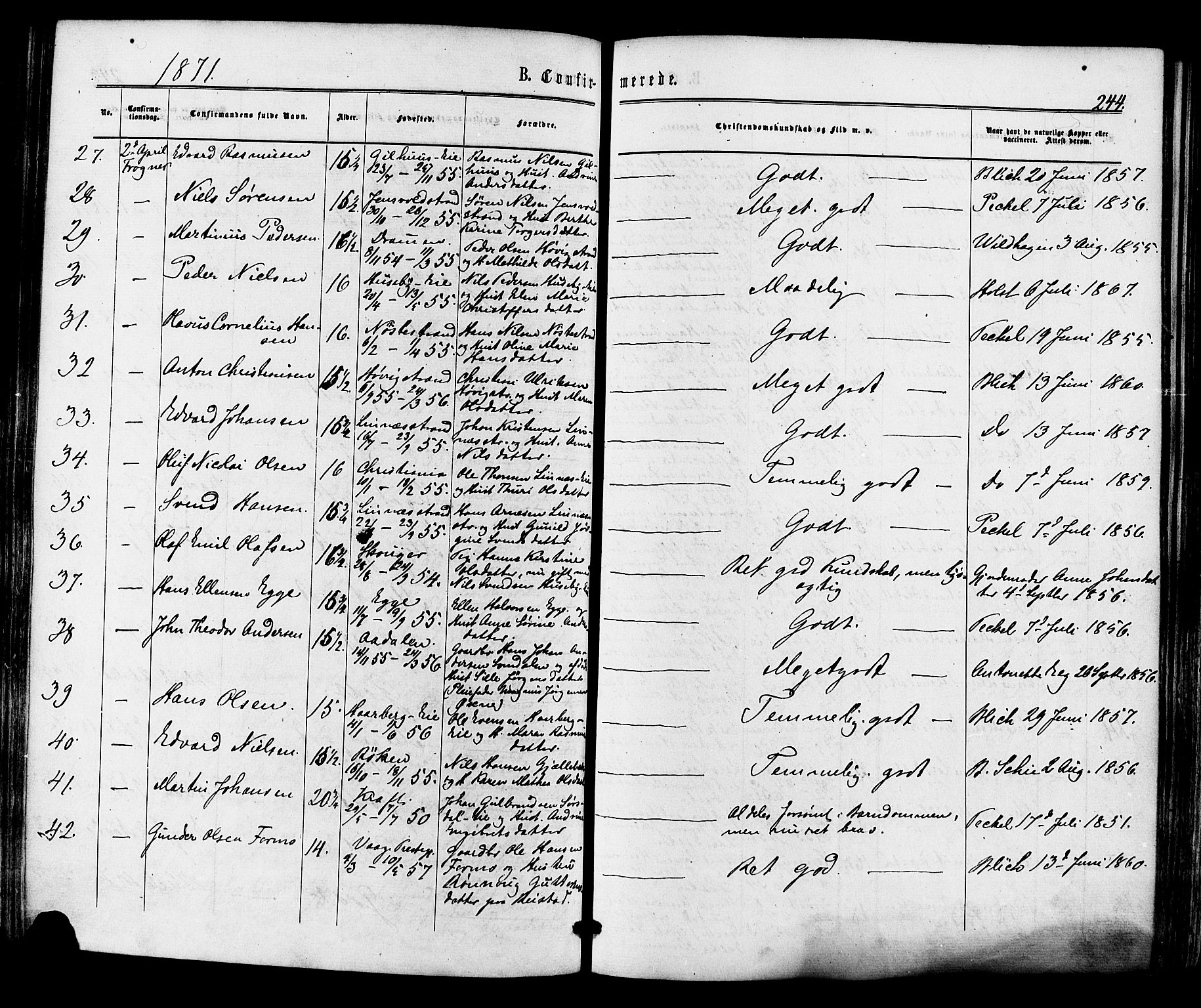 Lier kirkebøker, AV/SAKO-A-230/F/Fa/L0013: Parish register (official) no. I 13, 1865-1874, p. 244