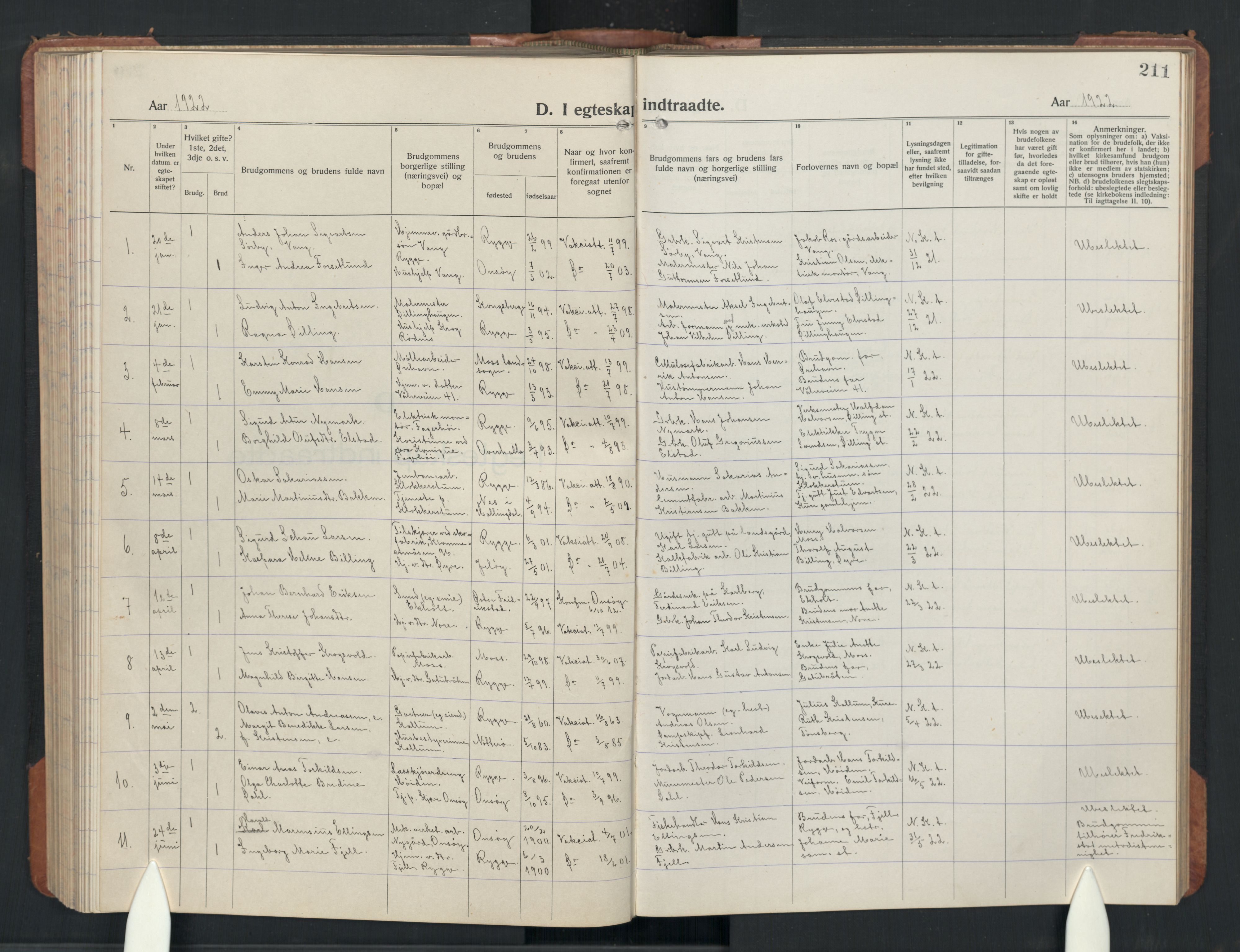 Rygge prestekontor Kirkebøker, SAO/A-10084b/G/Ga/L0004: Parish register (copy) no. 4, 1922-1953, p. 211