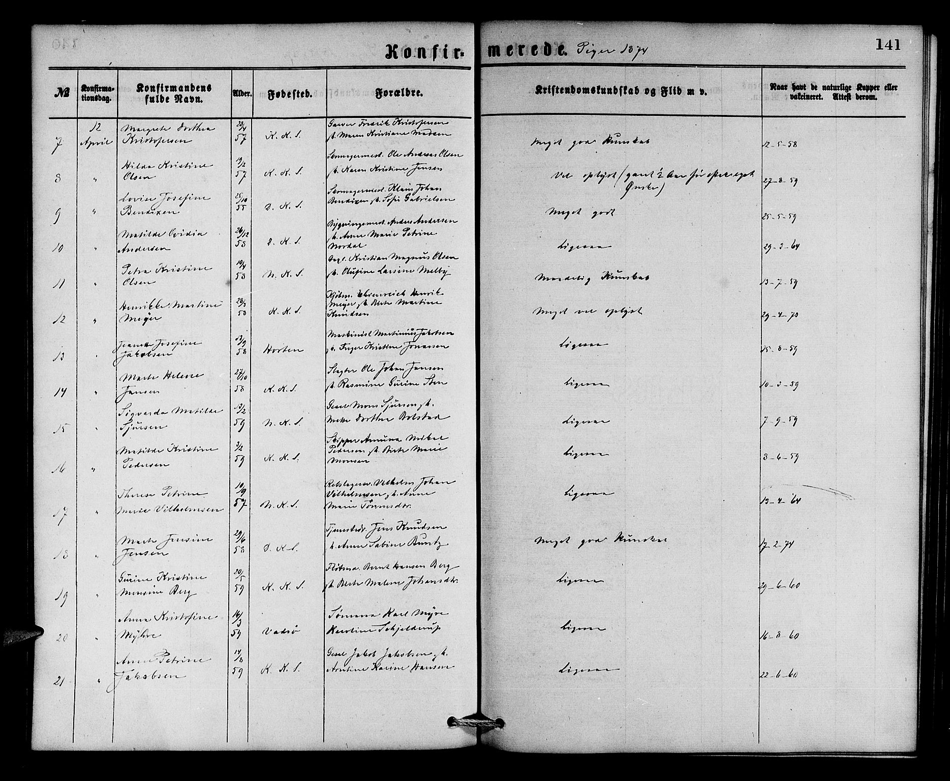 Korskirken sokneprestembete, AV/SAB-A-76101/H/Hab: Parish register (copy) no. C 2, 1869-1879, p. 141