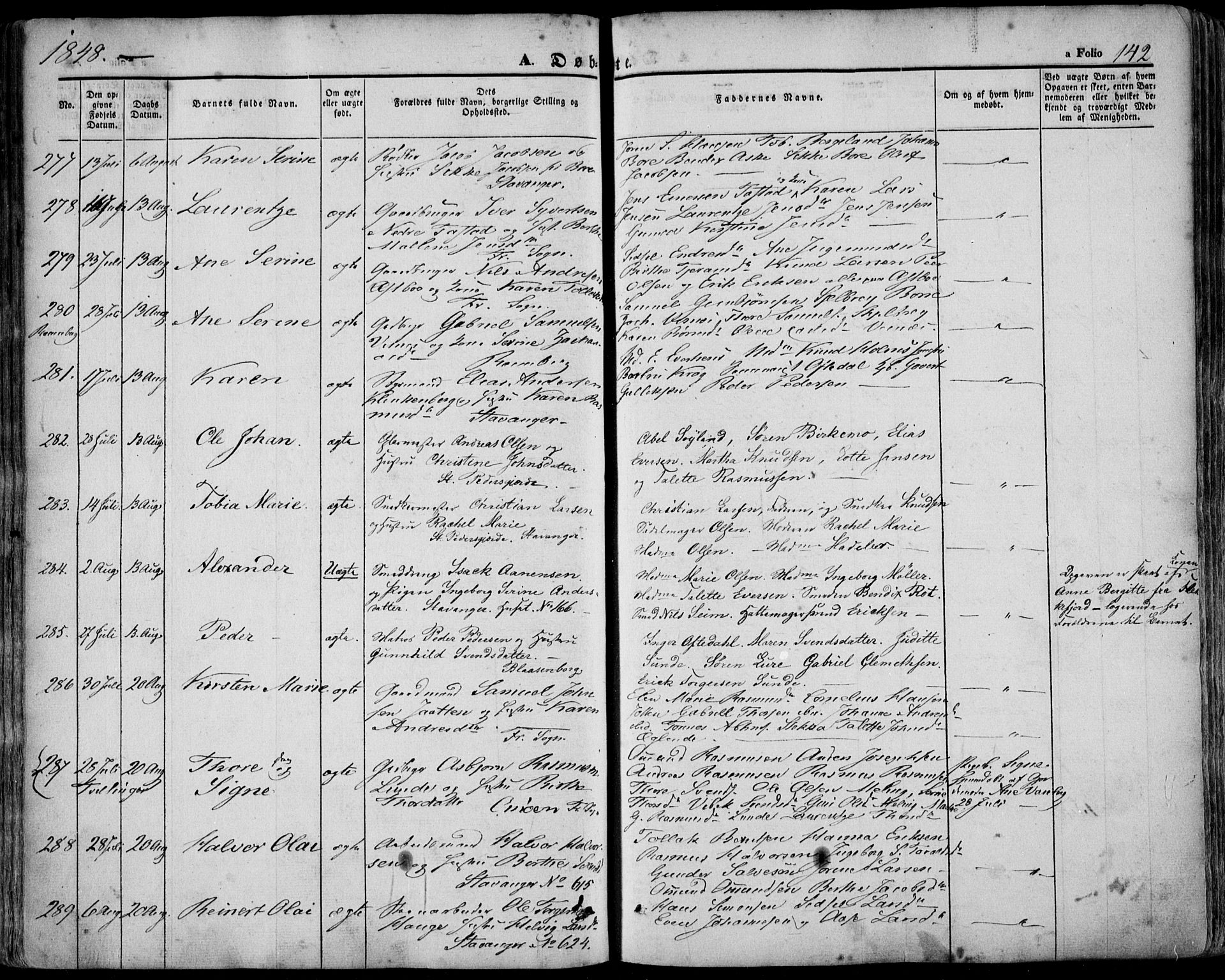 Domkirken sokneprestkontor, AV/SAST-A-101812/001/30/30BA/L0016: Parish register (official) no. A 15, 1844-1854, p. 142