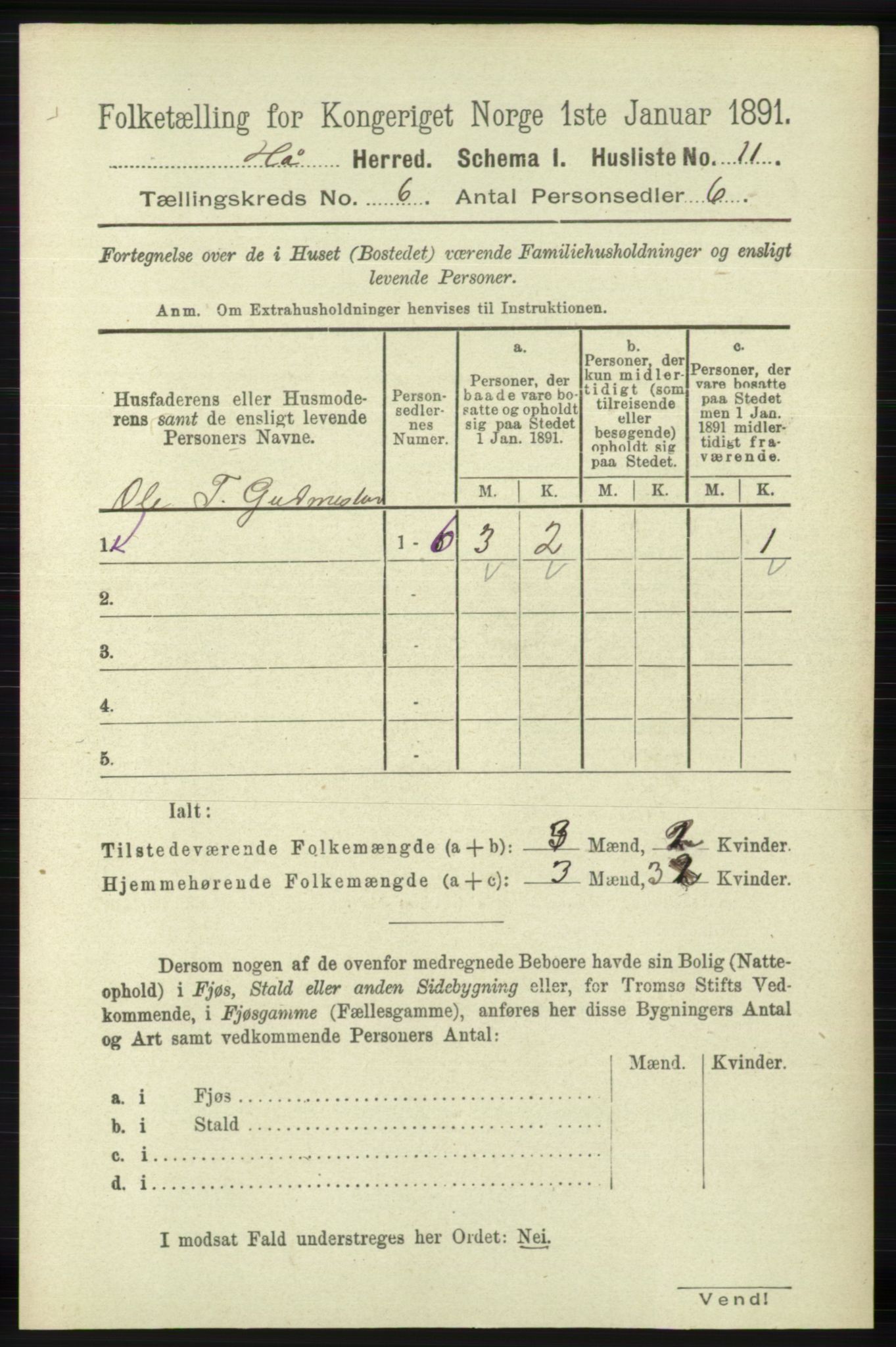 RA, 1891 census for 1119 Hå, 1891, p. 1698