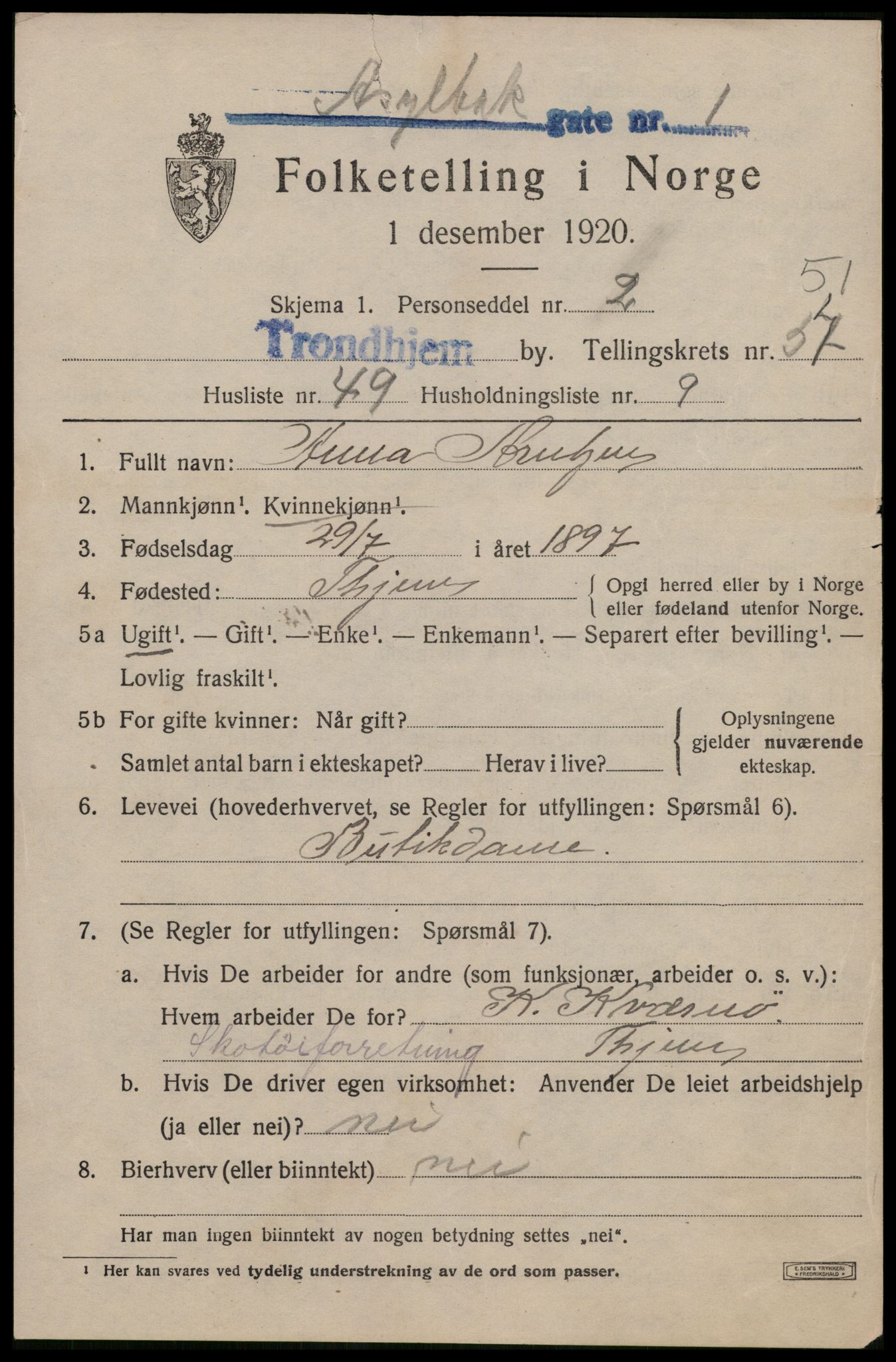 SAT, 1920 census for Trondheim, 1920, p. 106498