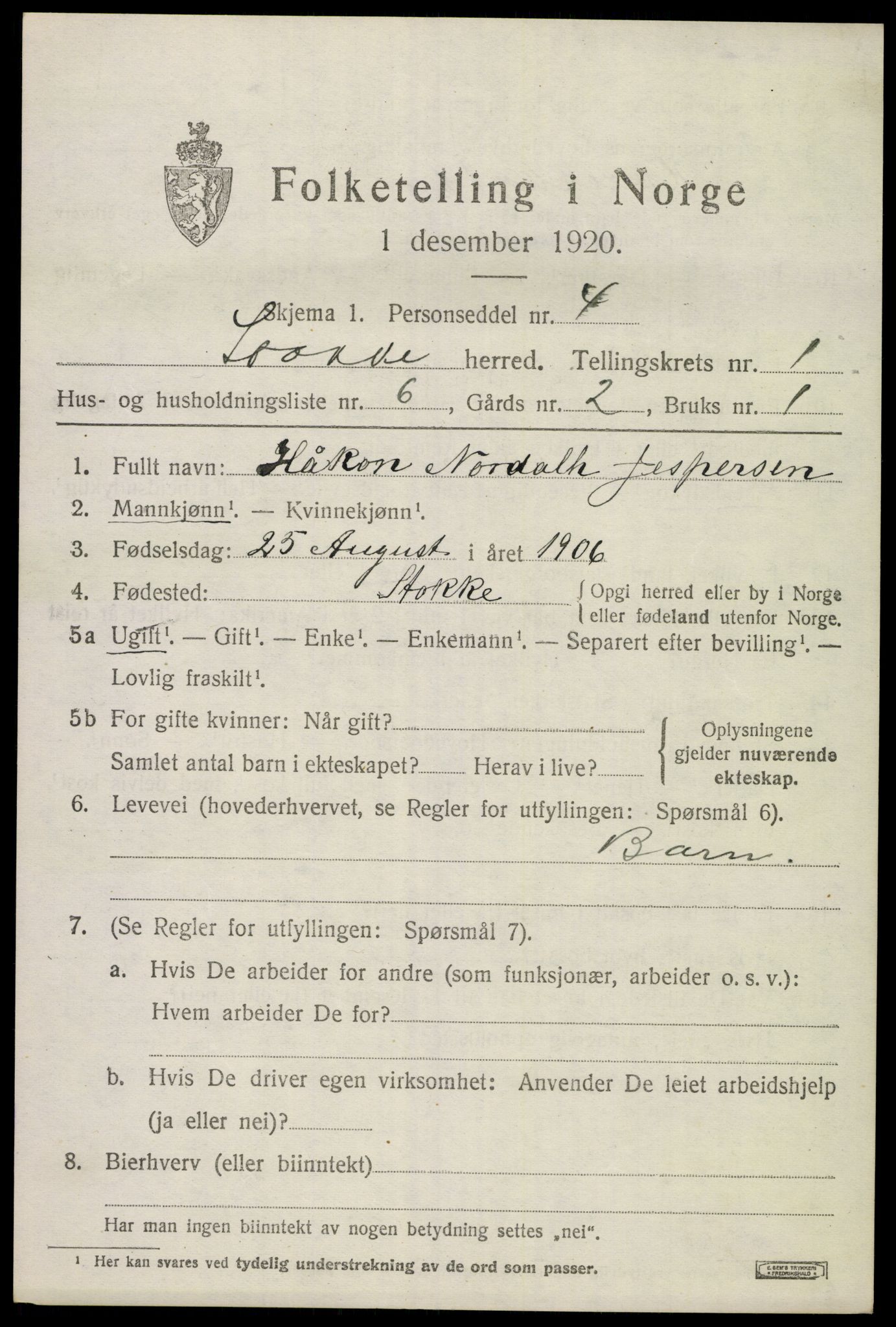 SAKO, 1920 census for Stokke, 1920, p. 2088