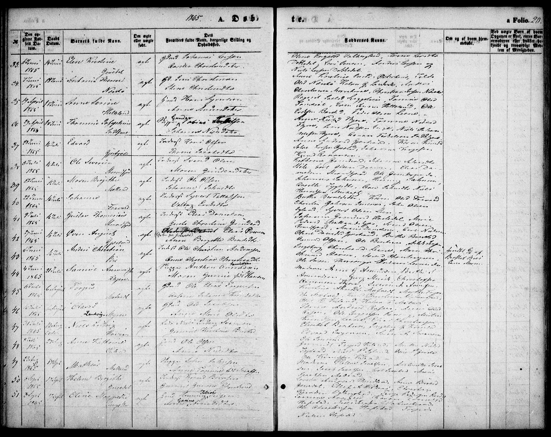 Hommedal sokneprestkontor, AV/SAK-1111-0023/F/Fa/Fab/L0005: Parish register (official) no. A 5, 1861-1877, p. 20