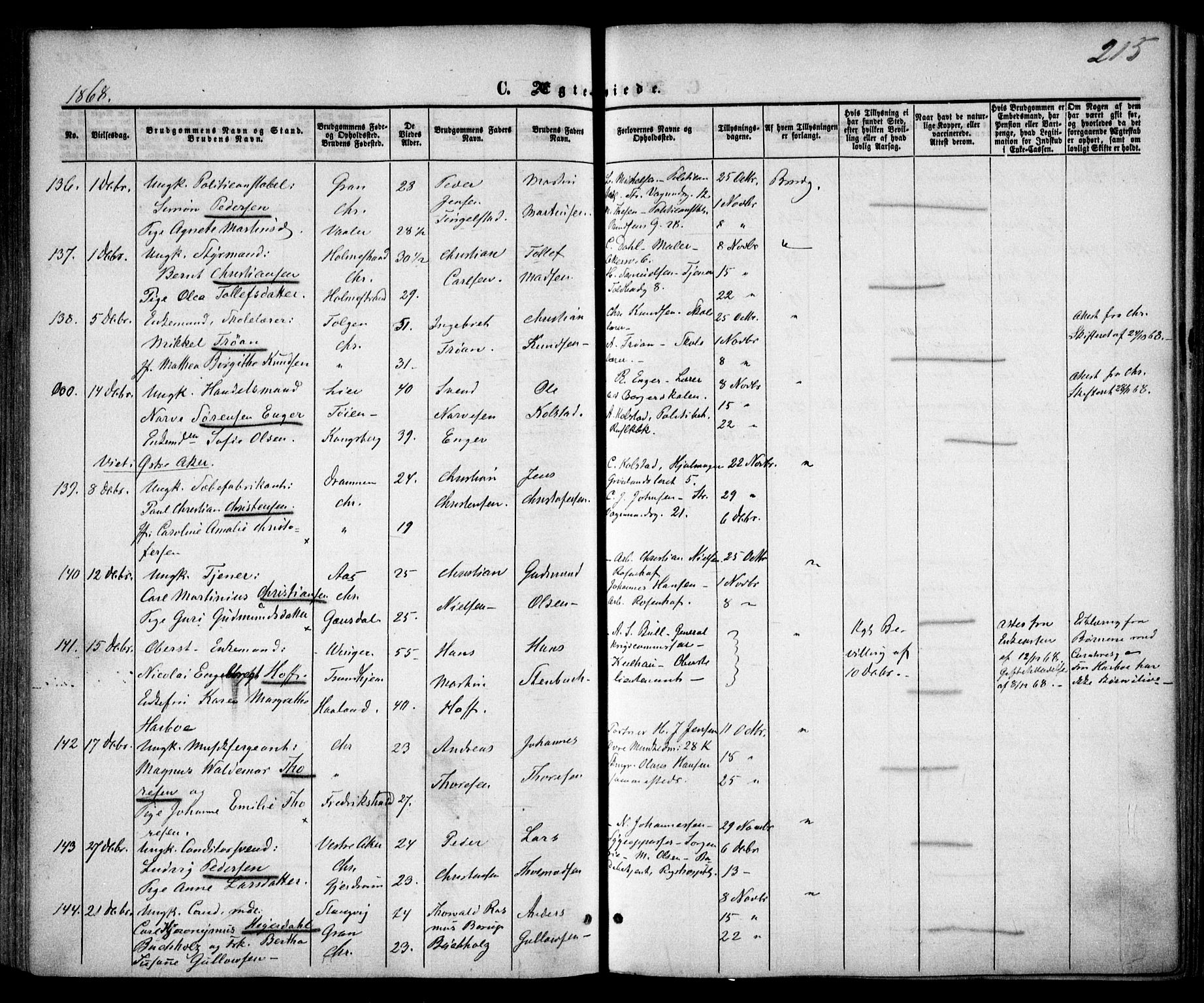 Trefoldighet prestekontor Kirkebøker, AV/SAO-A-10882/F/Fc/L0001: Parish register (official) no. III 1, 1858-1874, p. 215