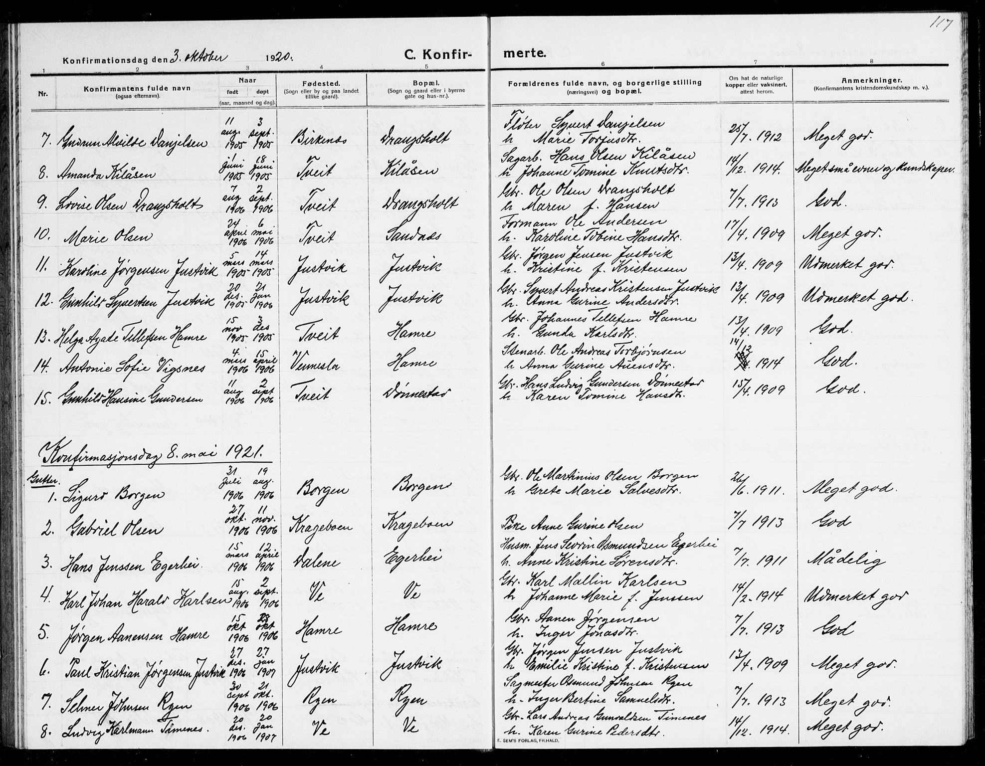 Tveit sokneprestkontor, SAK/1111-0043/F/Fb/L0005: Parish register (copy) no. B 5, 1915-1941, p. 117