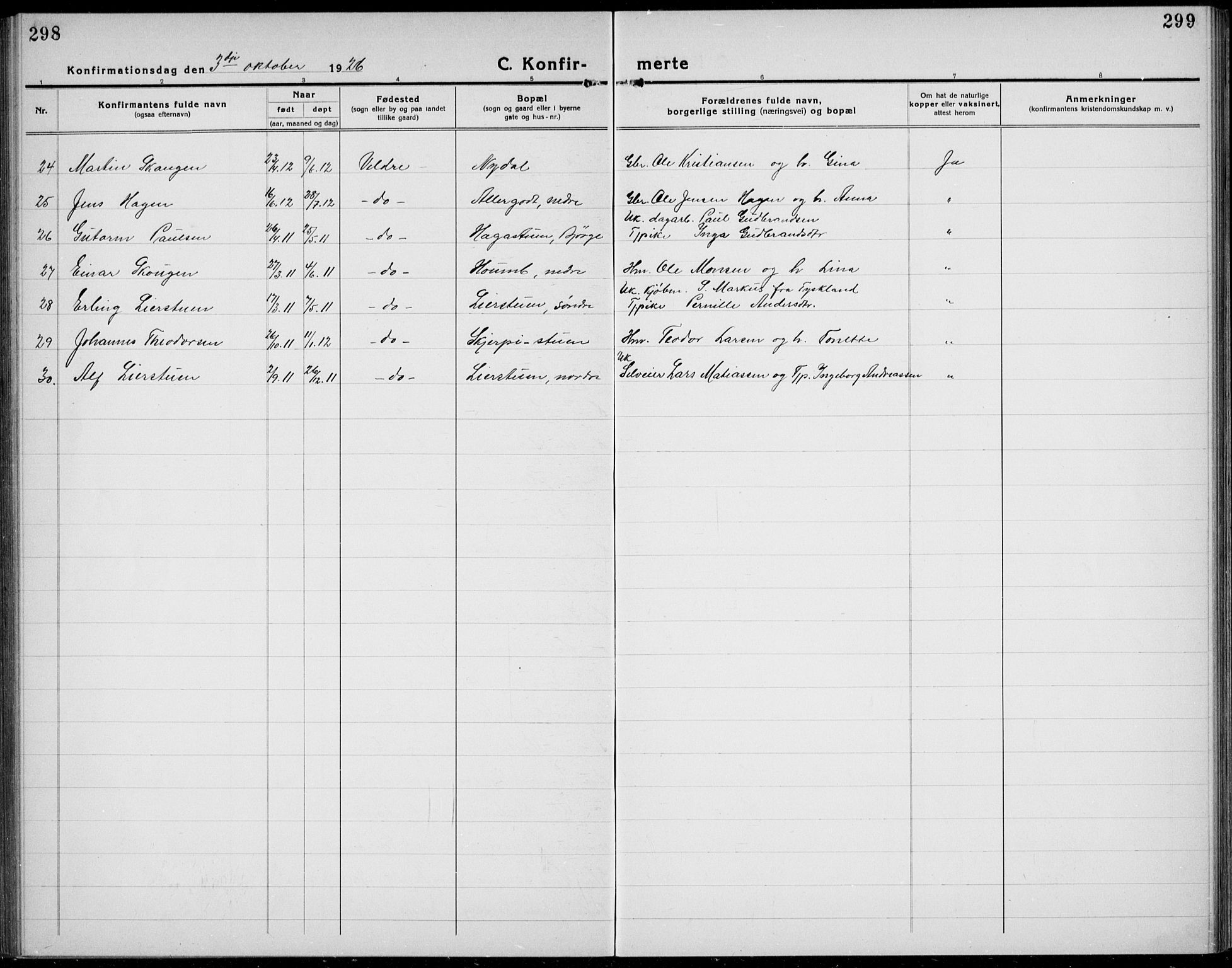 Veldre prestekontor, AV/SAH-PREST-018/L/La/L0001: Parish register (copy) no. 1, 1921-1934, p. 298-299