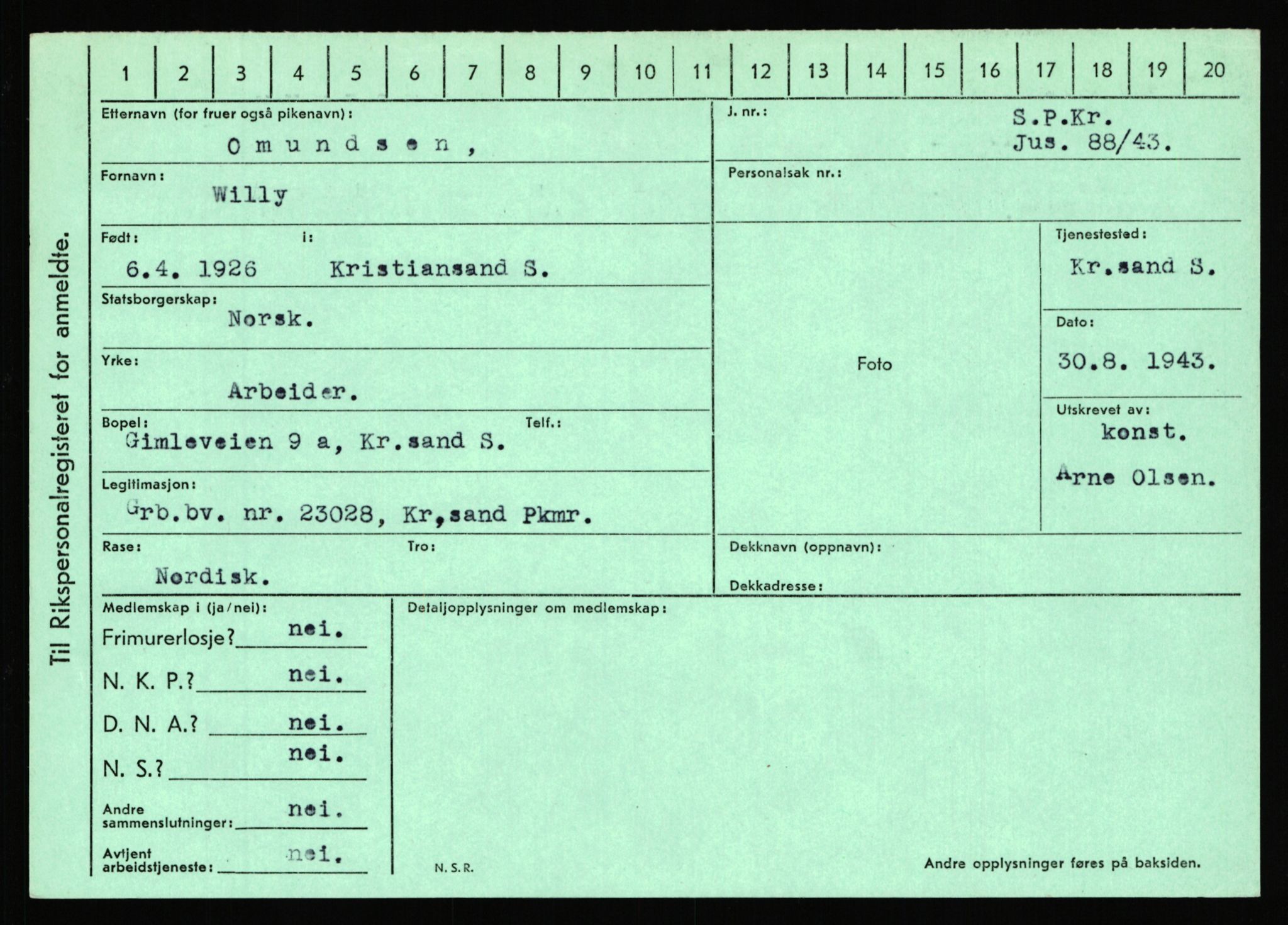 Statspolitiet - Hovedkontoret / Osloavdelingen, AV/RA-S-1329/C/Ca/L0012: Oanæs - Quistgaard	, 1943-1945, p. 2078