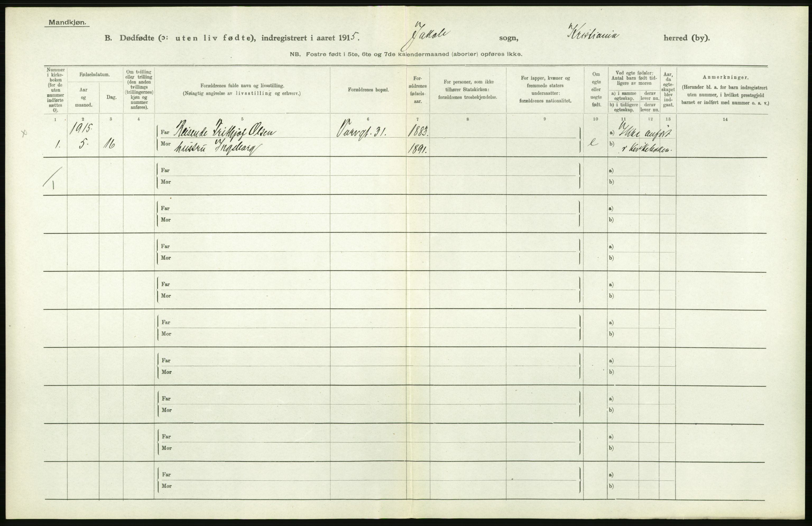 Statistisk sentralbyrå, Sosiodemografiske emner, Befolkning, RA/S-2228/D/Df/Dfb/Dfbe/L0010: Kristiania: Døde, dødfødte., 1915, p. 454