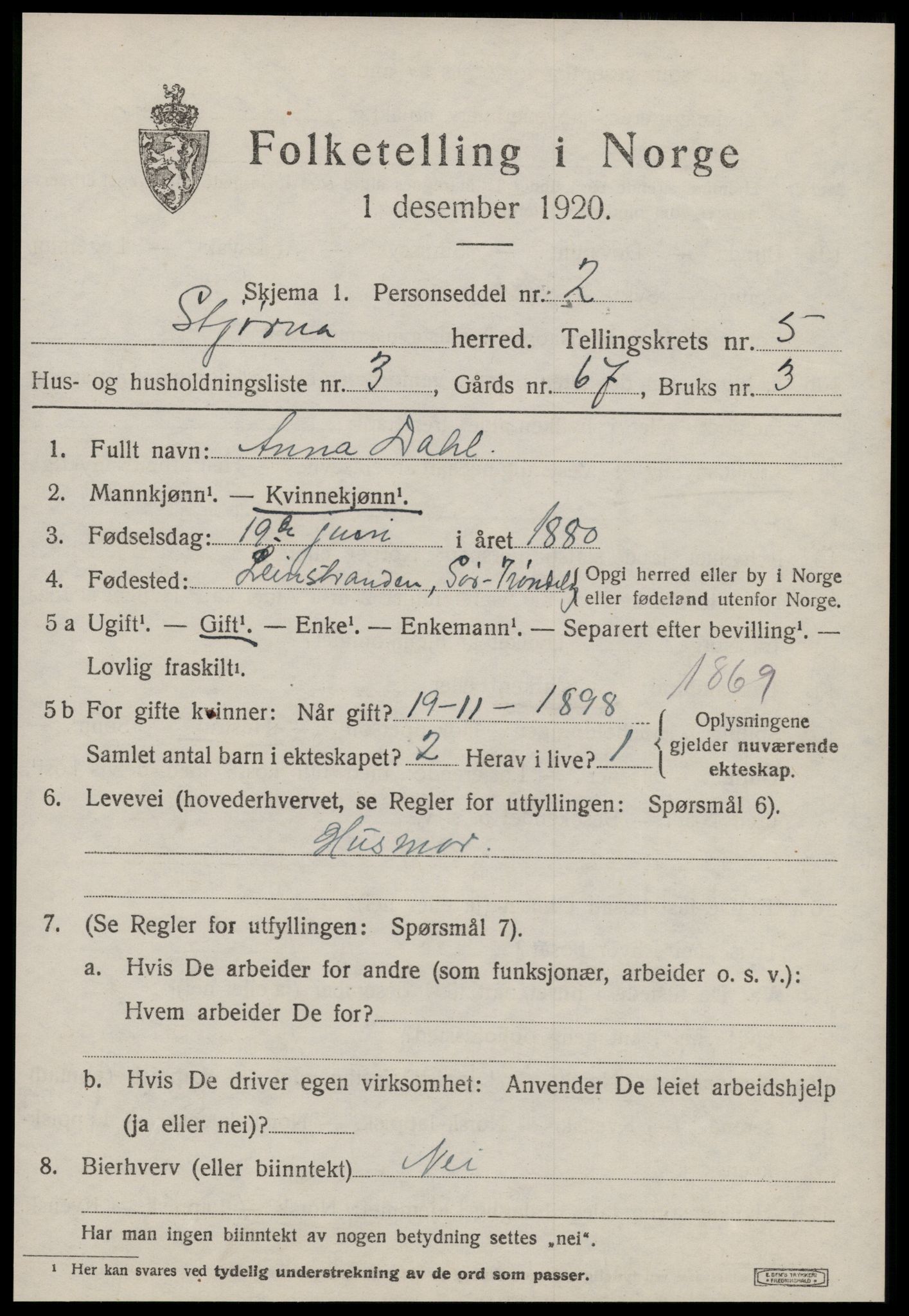 SAT, 1920 census for Stjørna, 1920, p. 3844