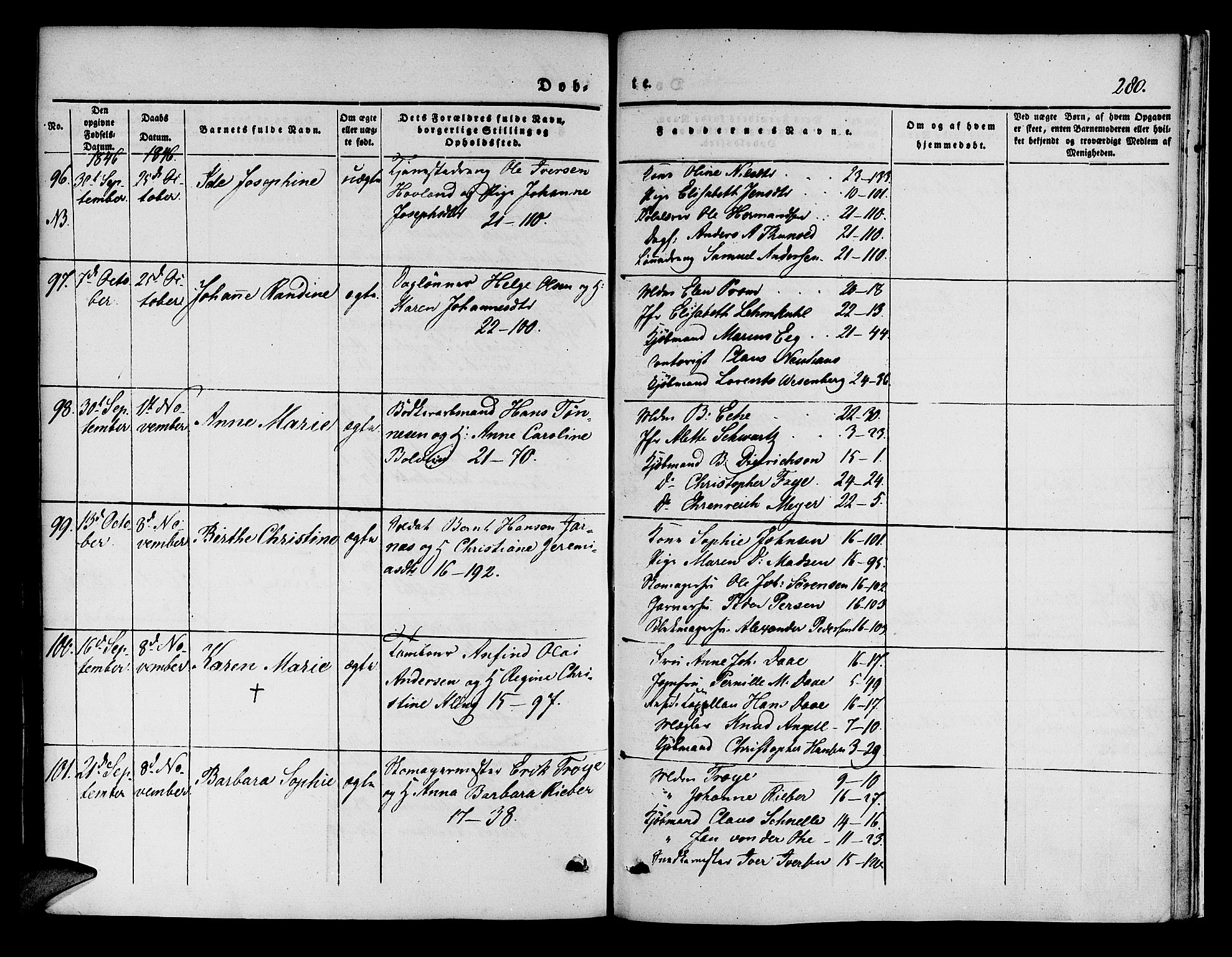 Korskirken sokneprestembete, SAB/A-76101/H/Hab: Parish register (copy) no. B 1, 1839-1847, p. 280