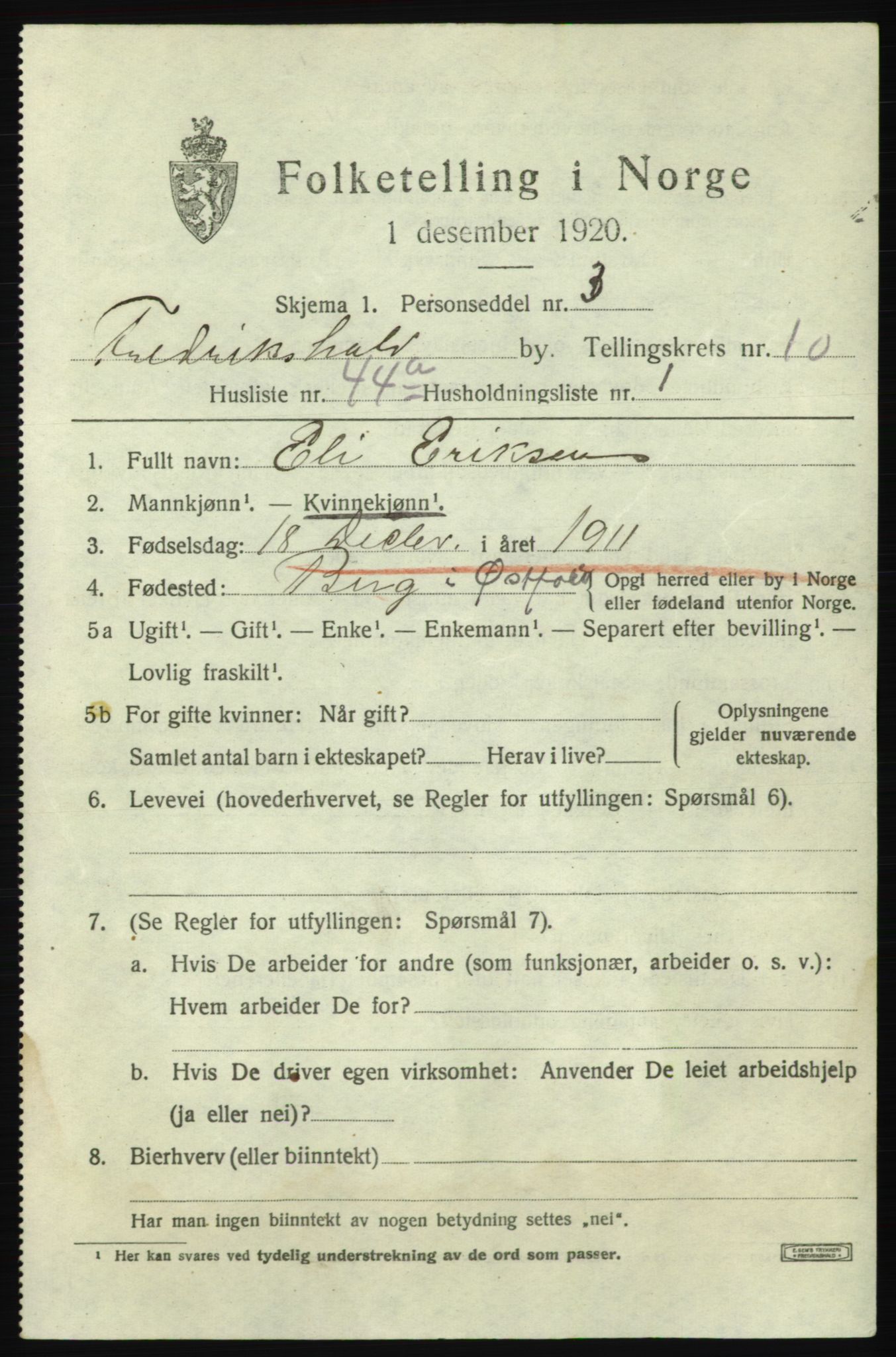 SAO, 1920 census for Fredrikshald, 1920, p. 18665