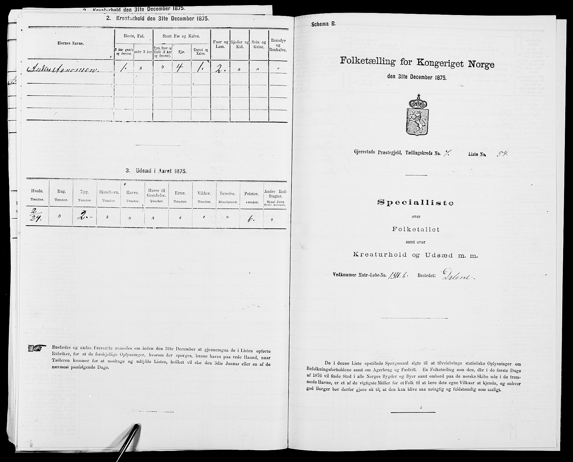 SAK, 1875 census for 0911P Gjerstad, 1875, p. 815