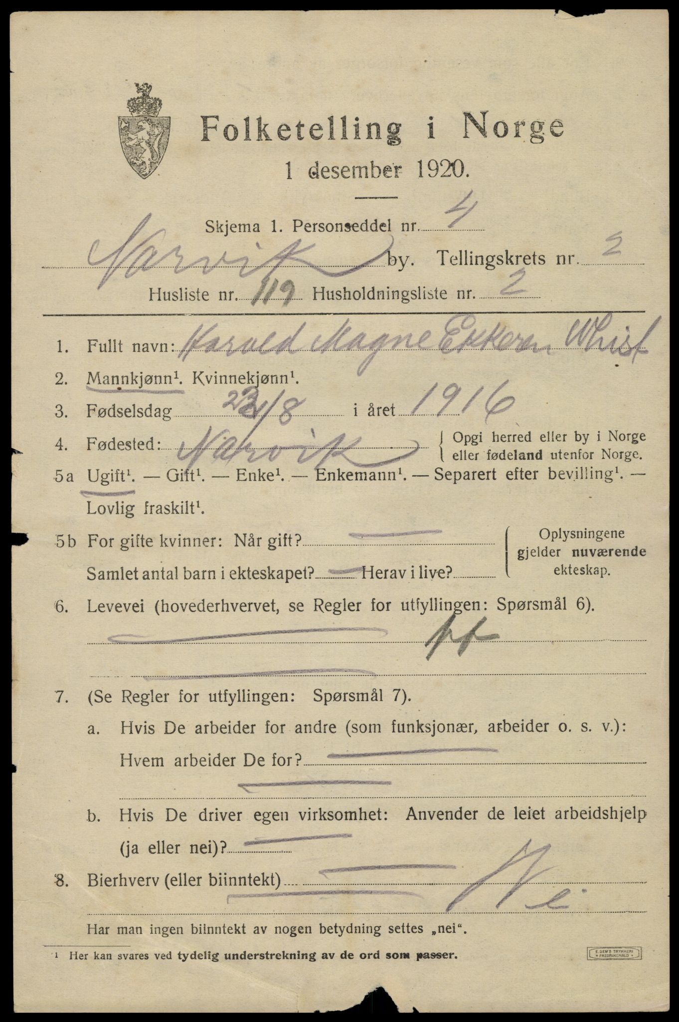 SAT, 1920 census for Narvik, 1920, p. 11740