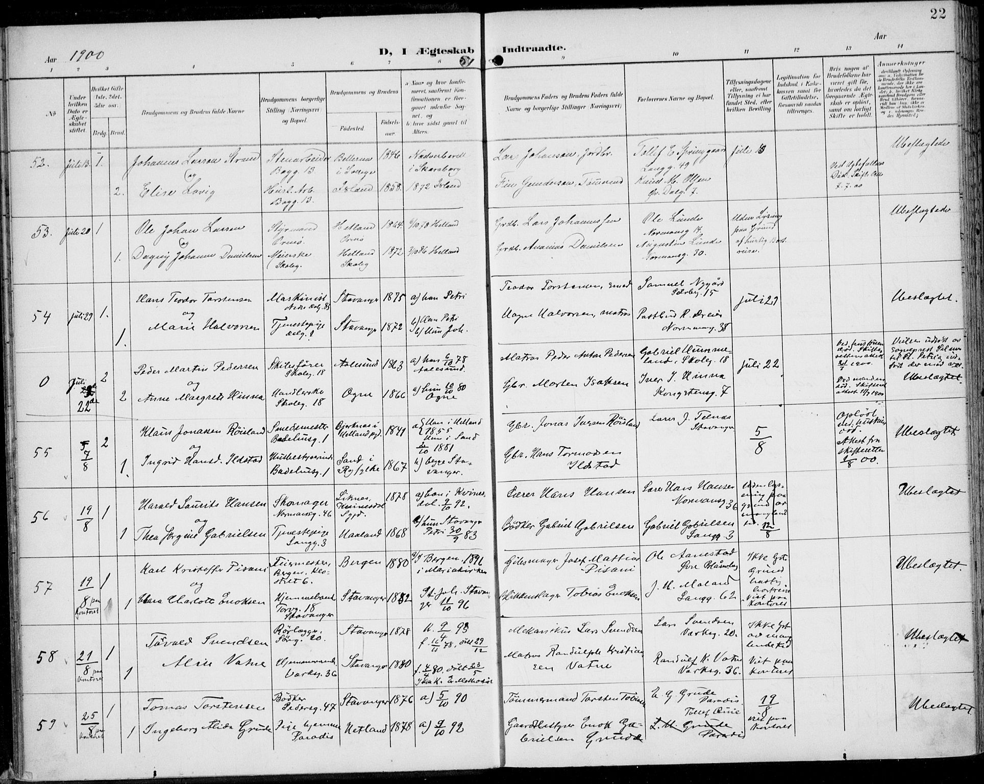 St. Johannes sokneprestkontor, SAST/A-101814/002/B/L0001: Parish register (official) no. A 8, 1899-1917, p. 22