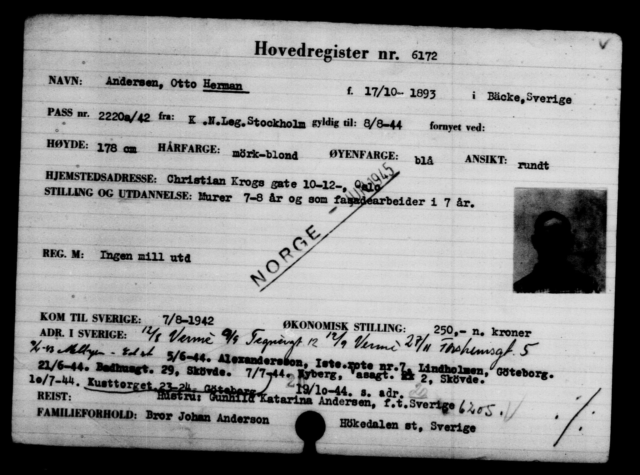 Utenriksstasjonene, Legasjonen i Stockholm, Flyktningkontoret, AV/RA-S-6753/V/Va/L0004: Kjesäterkartoteket, flyktninger med registreringsnr. 3496-6610, 1940-1945, p. 3138