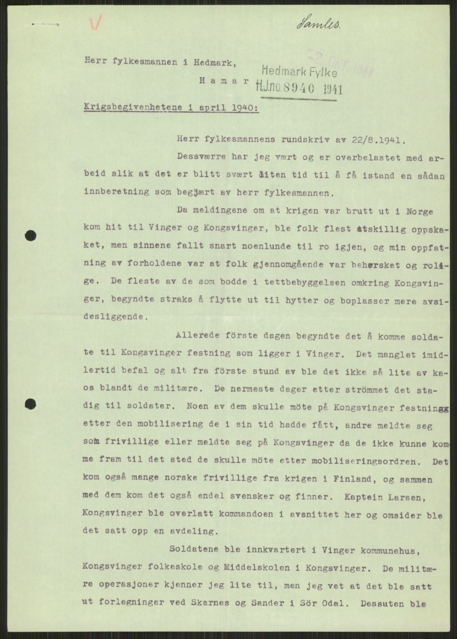 Forsvaret, Forsvarets krigshistoriske avdeling, RA/RAFA-2017/Y/Ya/L0013: II-C-11-31 - Fylkesmenn.  Rapporter om krigsbegivenhetene 1940., 1940, p. 1015