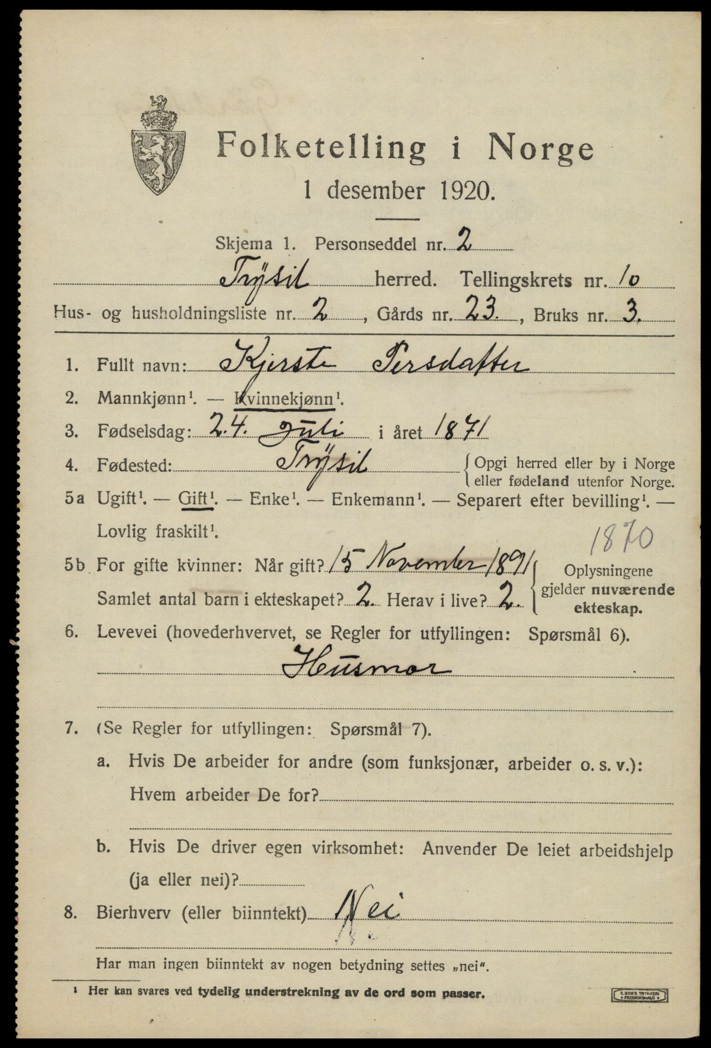 SAH, 1920 census for Trysil, 1920, p. 6875