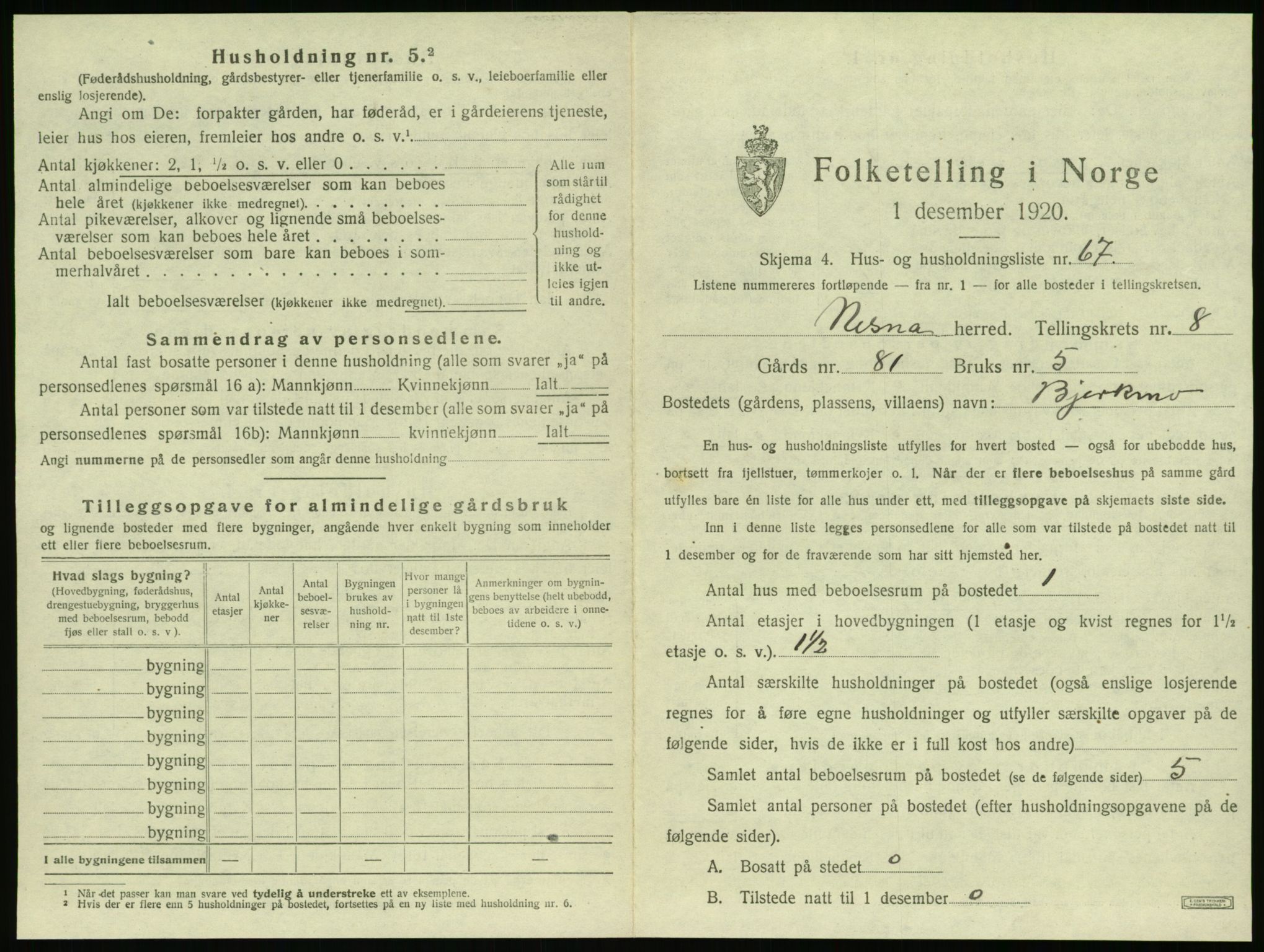 SAT, 1920 census for Nesna, 1920, p. 1063