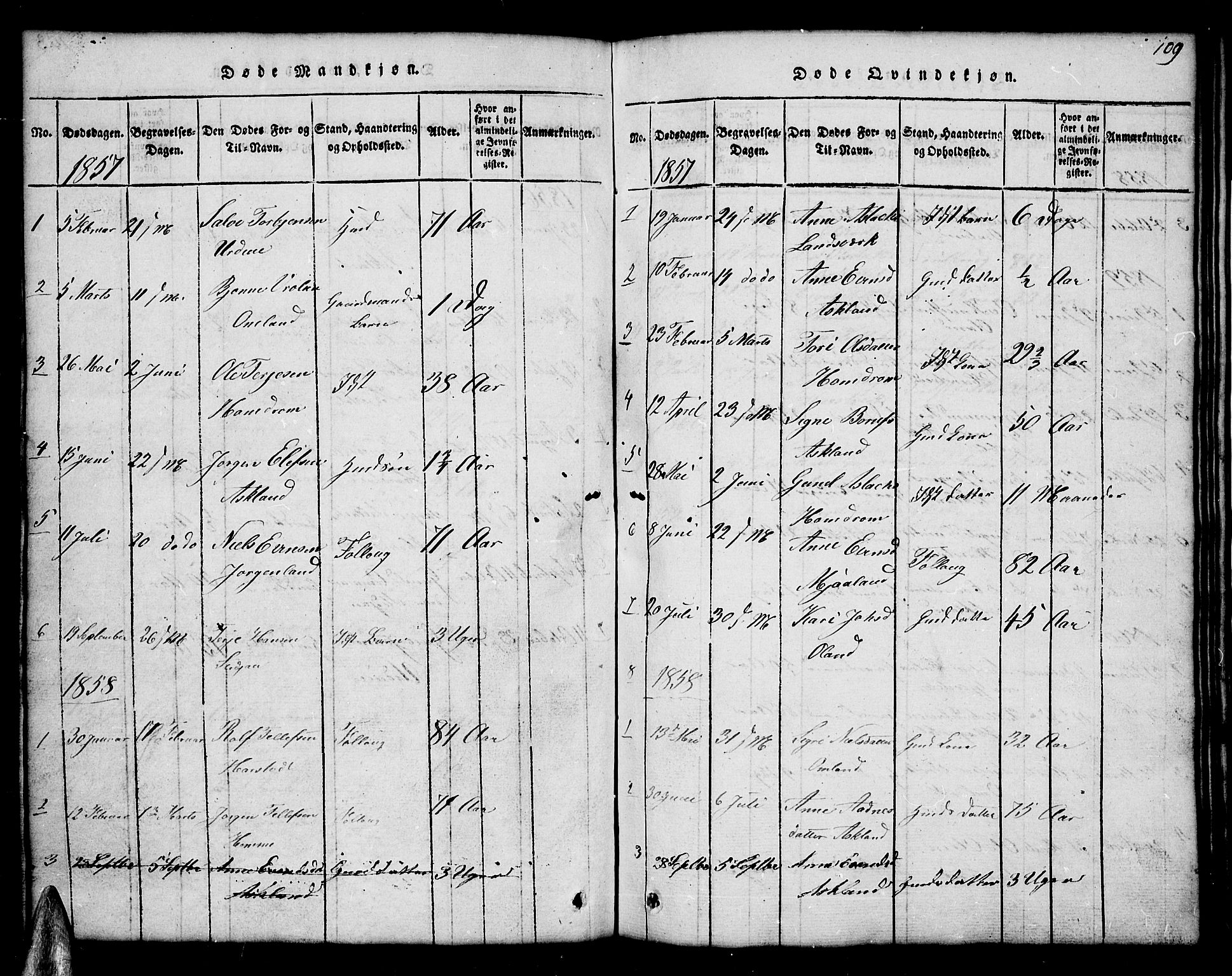 Åmli sokneprestkontor, AV/SAK-1111-0050/F/Fb/Fba/L0001: Parish register (copy) no. B 1, 1816-1890, p. 109