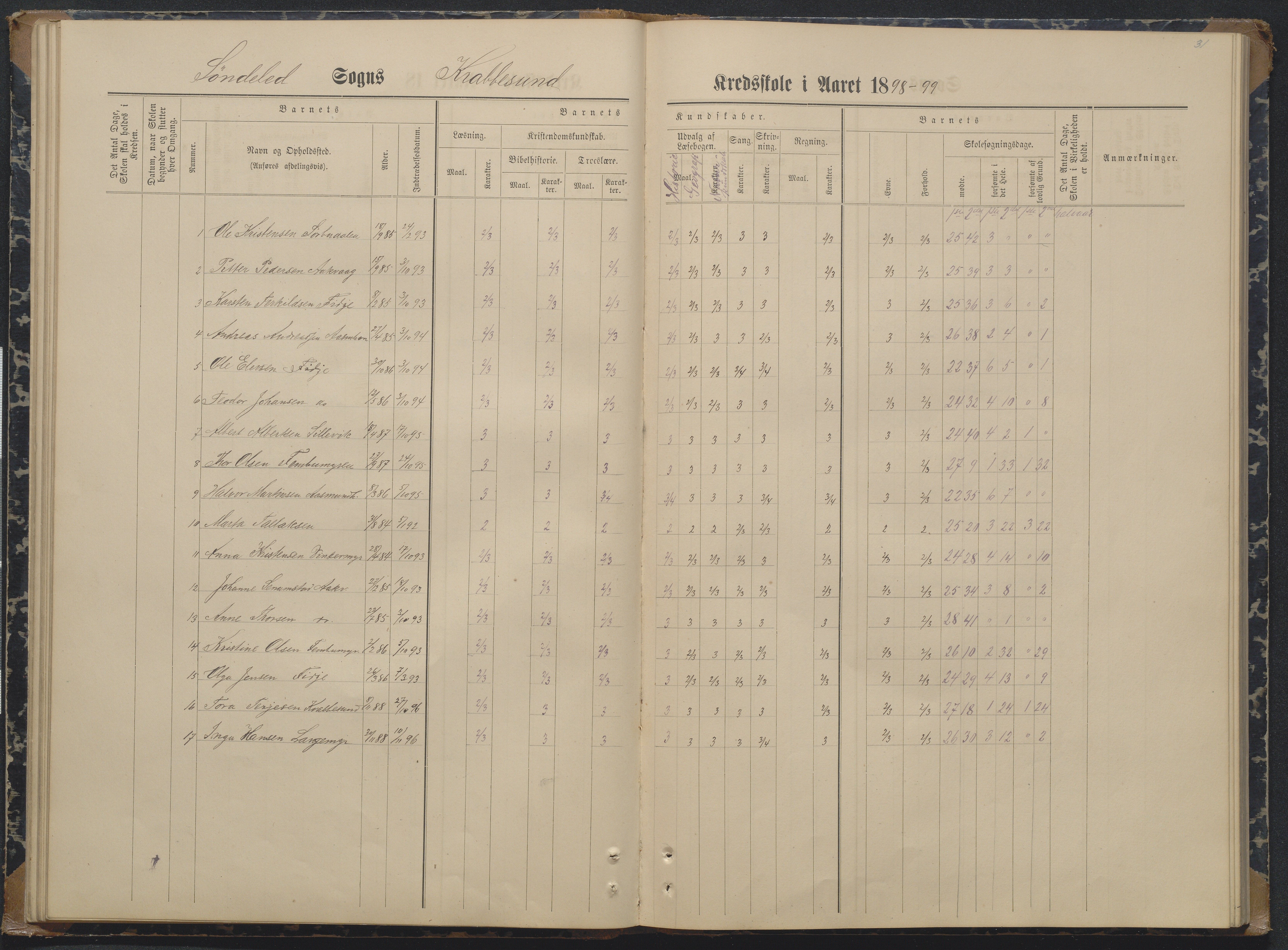 Søndeled kommune, AAKS/KA0913-PK/1/05/05i/L0004: Karakterprotokoll, 1887-1941, p. 31