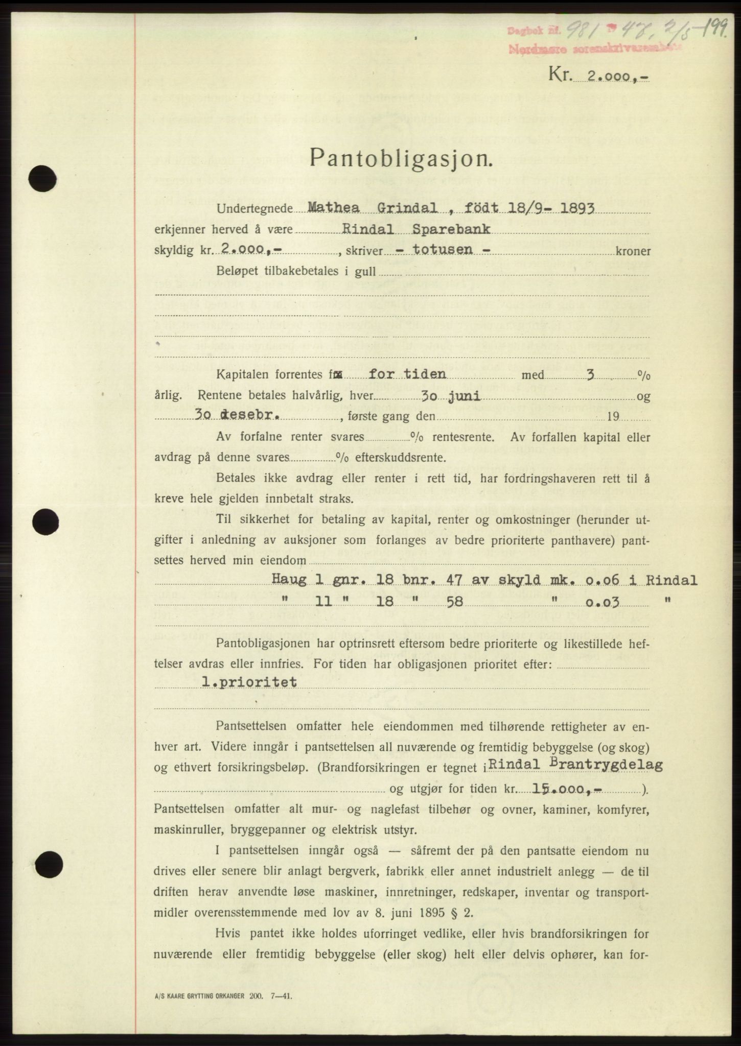 Nordmøre sorenskriveri, AV/SAT-A-4132/1/2/2Ca: Mortgage book no. B96, 1947-1947, Diary no: : 981/1947