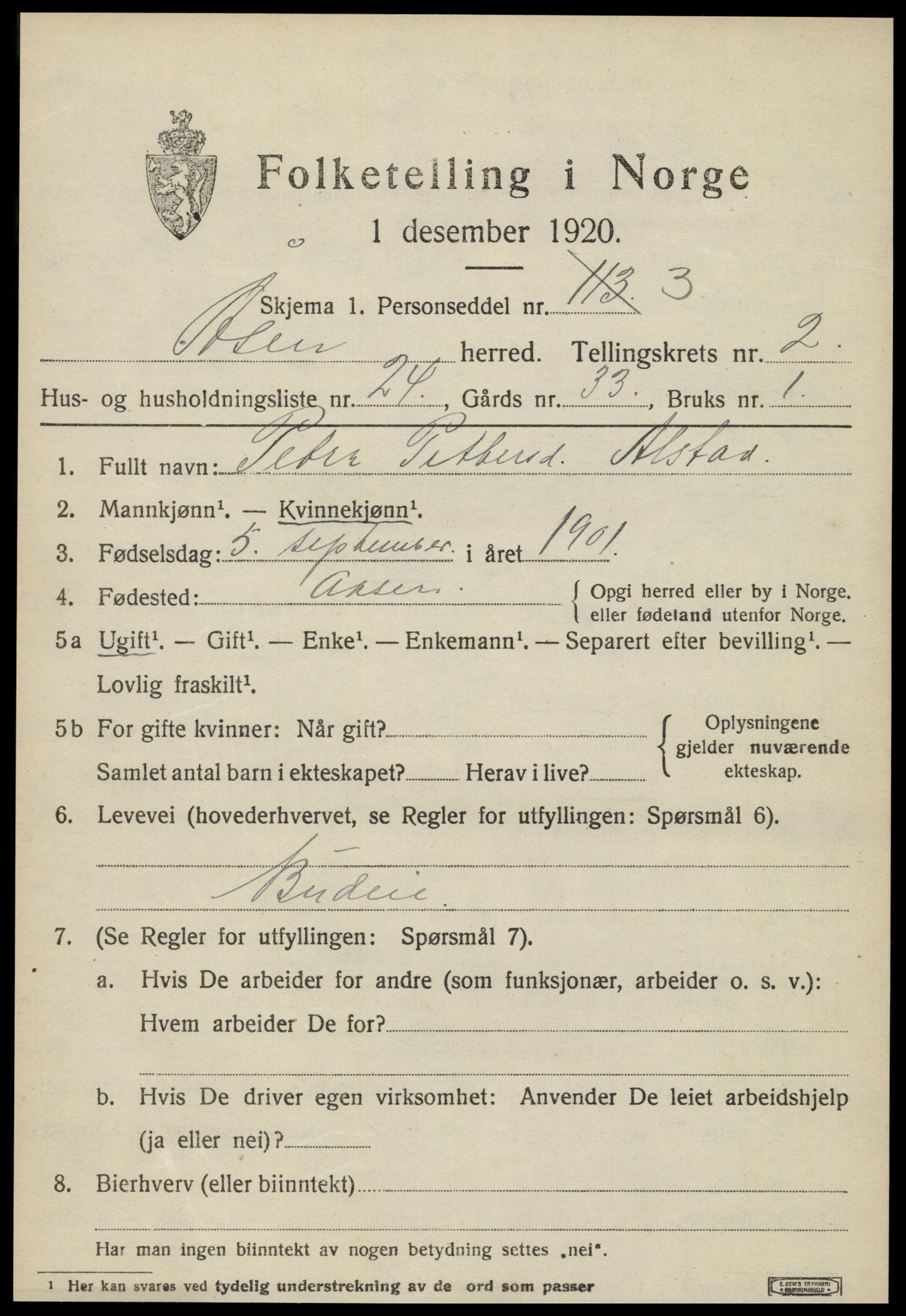 SAT, 1920 census for Åsen, 1920, p. 1932