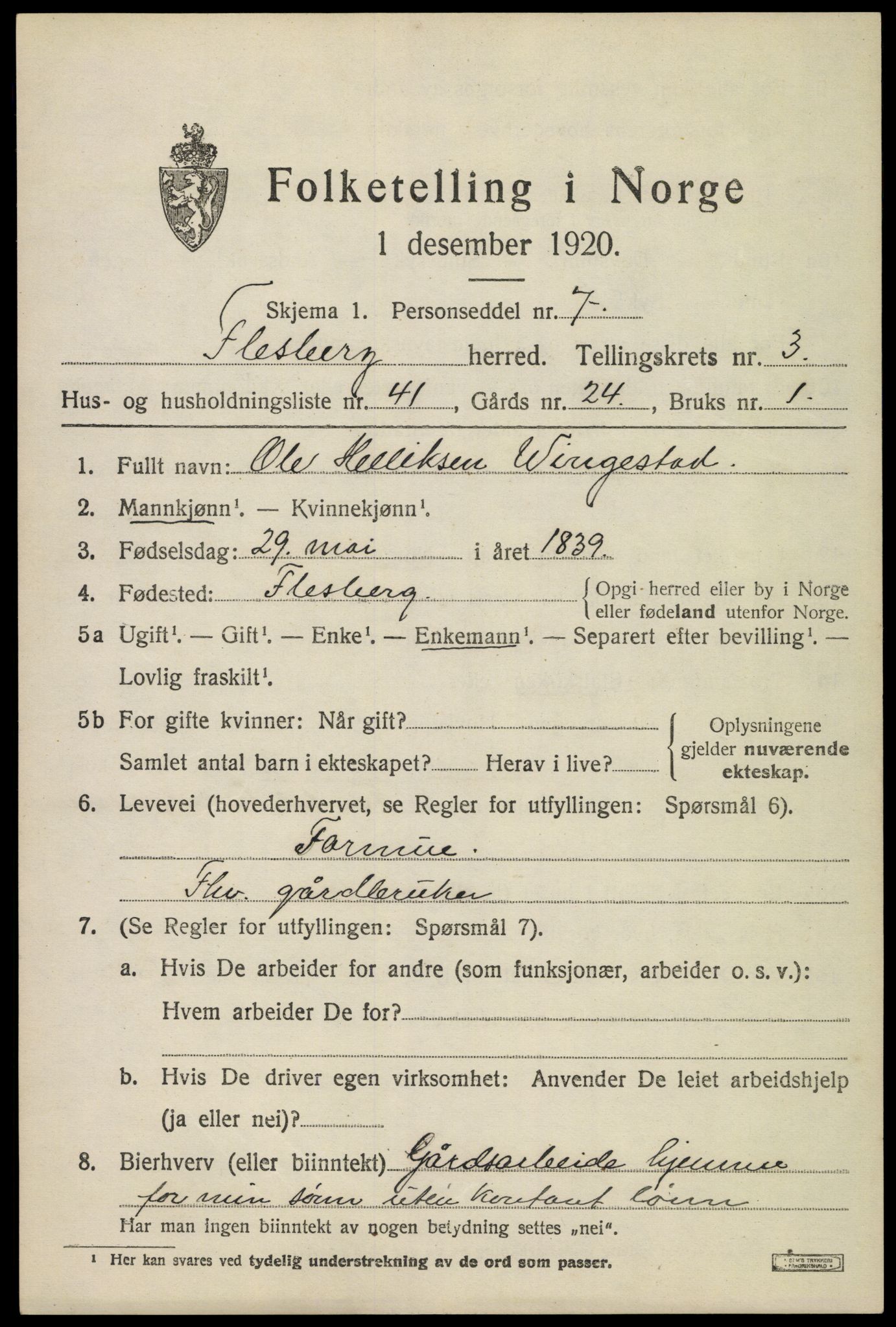 SAKO, 1920 census for Flesberg, 1920, p. 2151