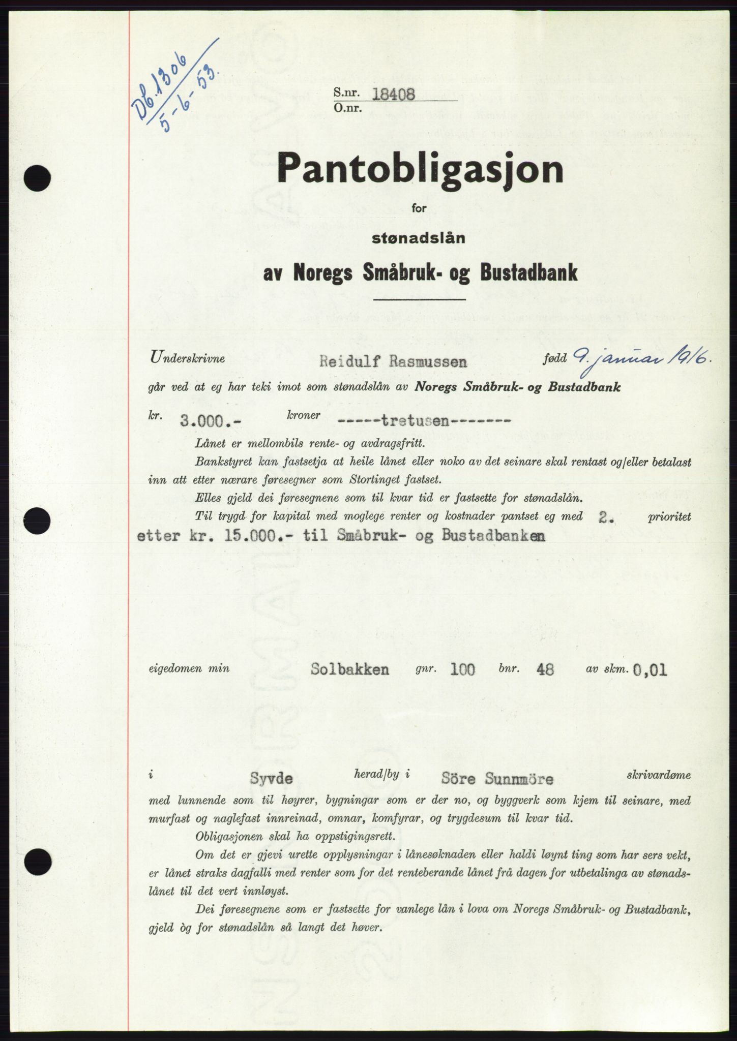 Søre Sunnmøre sorenskriveri, AV/SAT-A-4122/1/2/2C/L0123: Mortgage book no. 11B, 1953-1953, Diary no: : 1306/1953