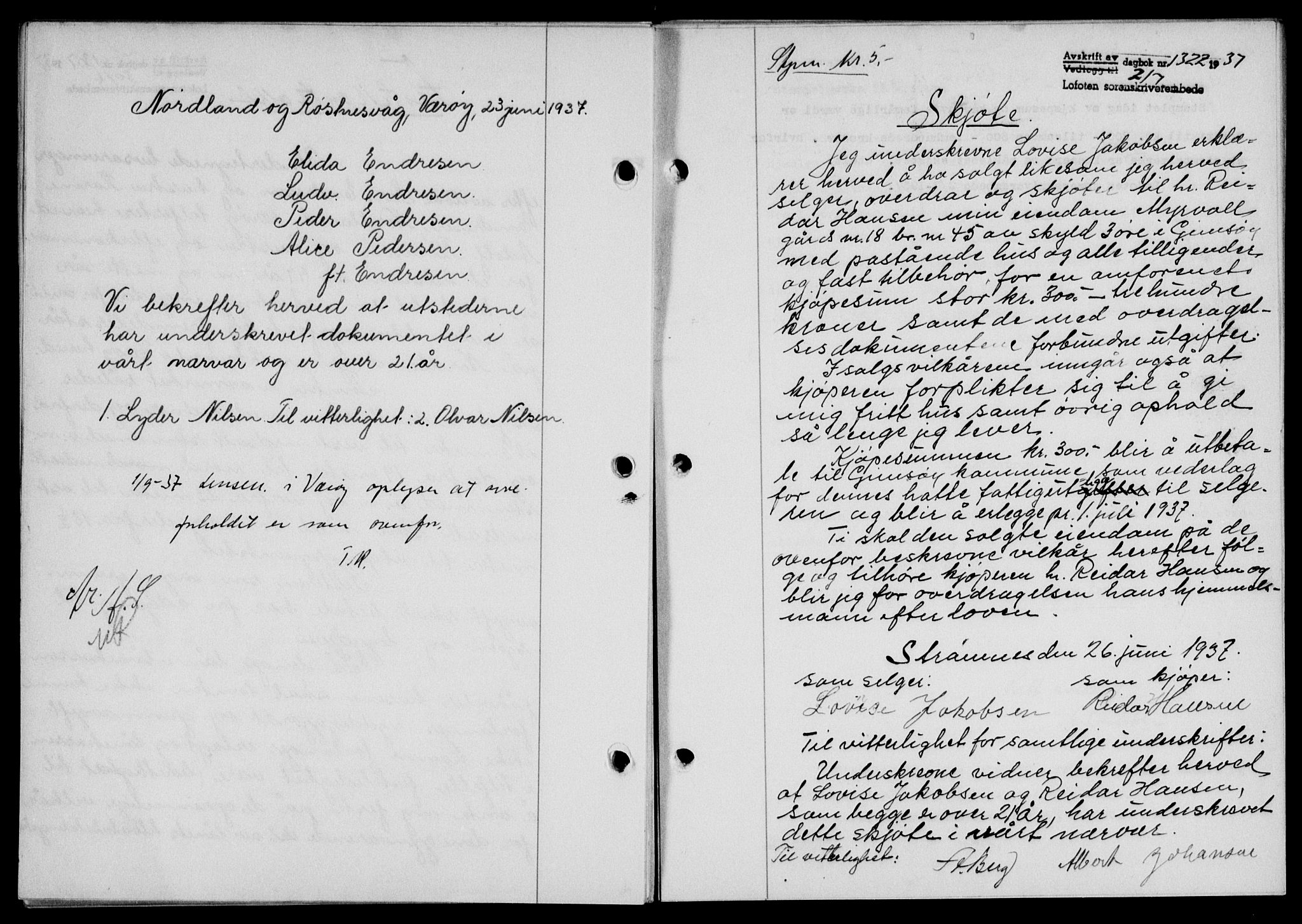 Lofoten sorenskriveri, SAT/A-0017/1/2/2C/L0002a: Mortgage book no. 2a, 1937-1937, Diary no: : 1322/1937