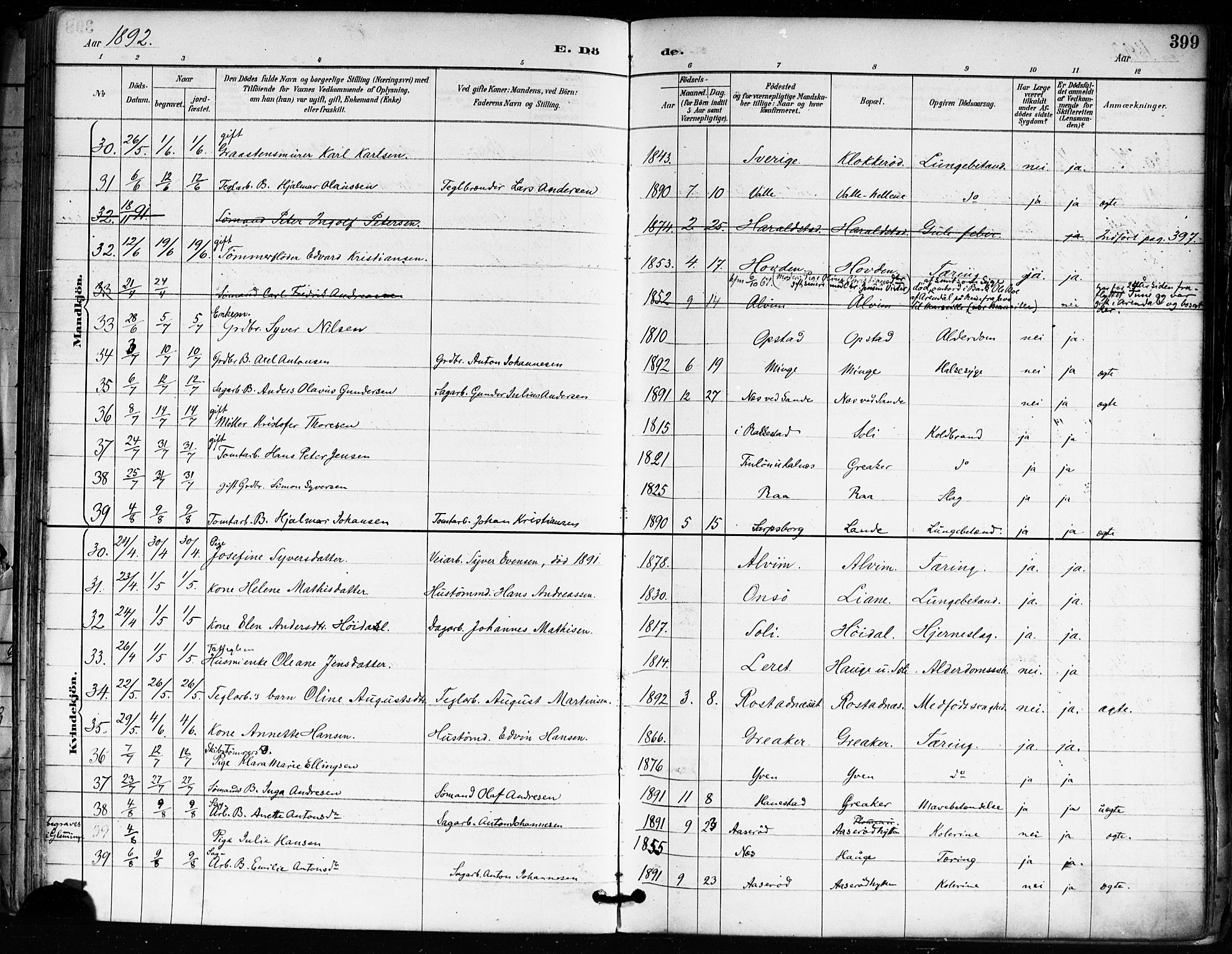 Tune prestekontor Kirkebøker, SAO/A-2007/F/Fa/L0018: Parish register (official) no. 18, 1887-1898, p. 399
