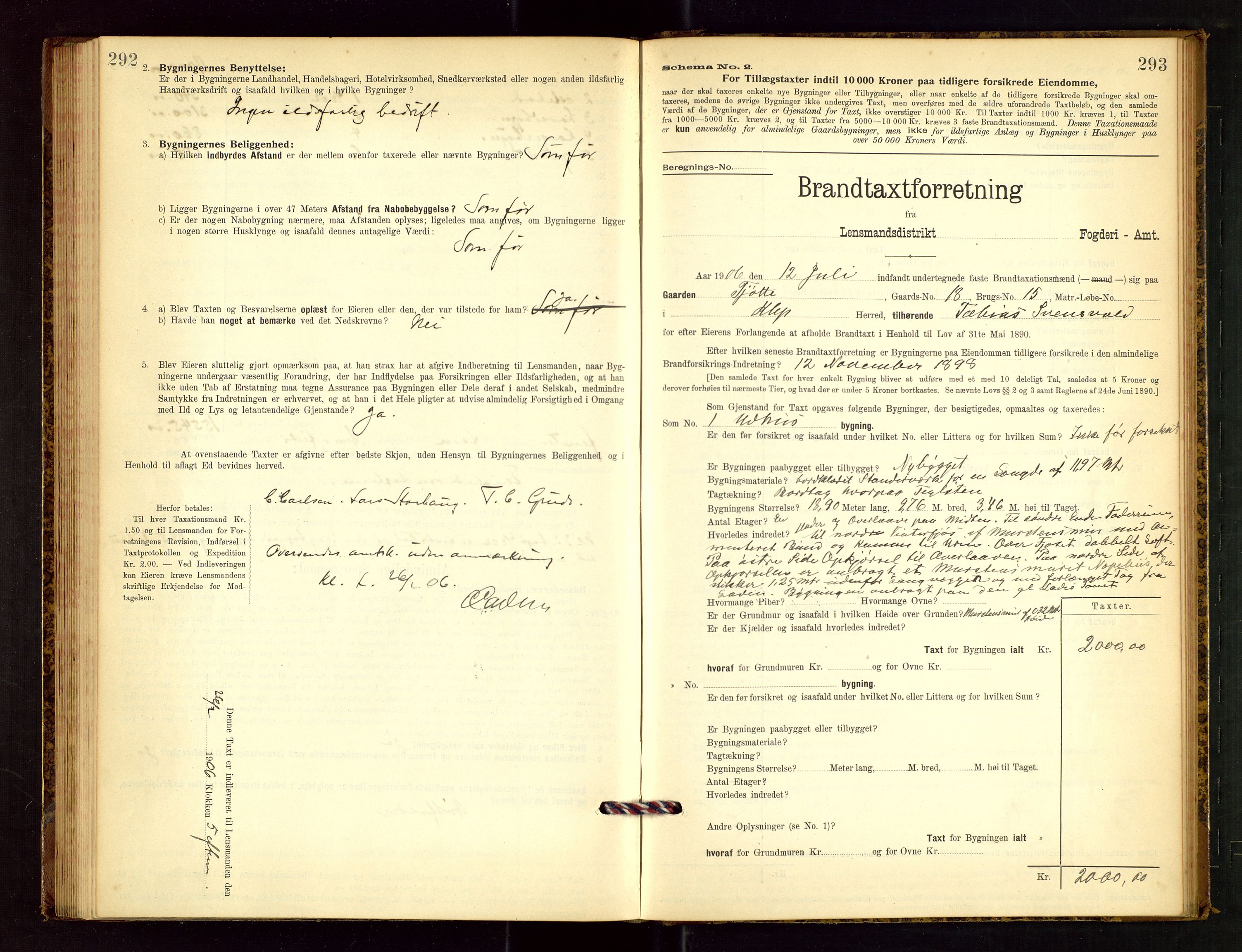 Klepp lensmannskontor, AV/SAST-A-100163/Goc/L0003: "Brandtaxationsprotokol" m/register, 1902-1907, p. 292-293