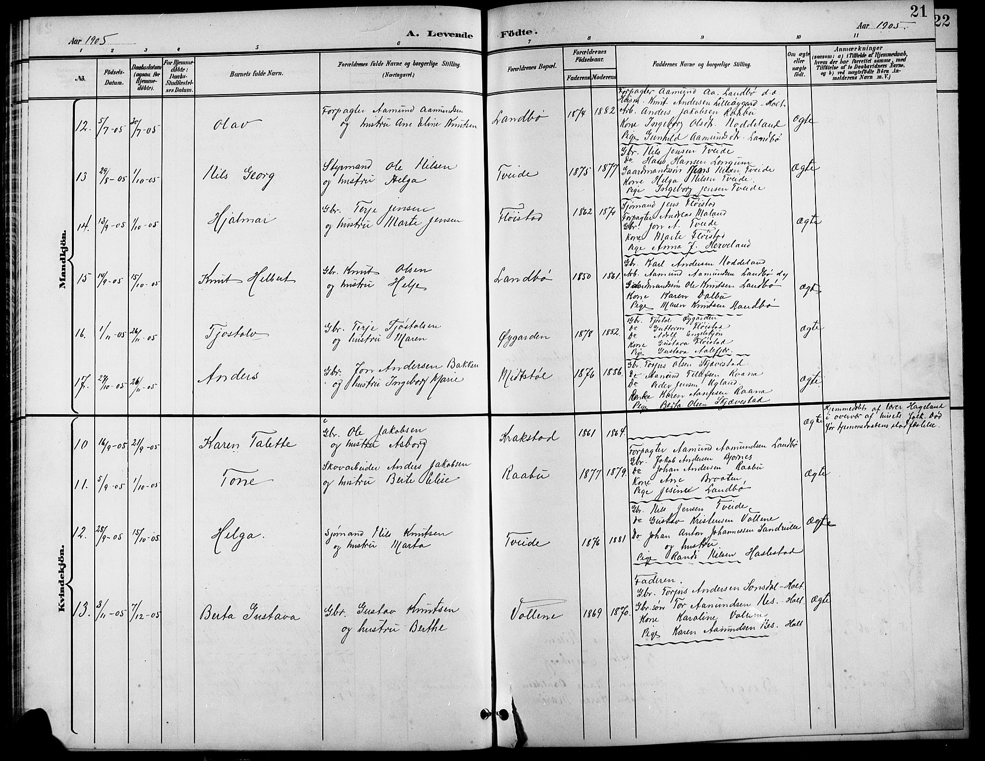 Austre Moland sokneprestkontor, SAK/1111-0001/F/Fb/Fba/L0004: Parish register (copy) no. B 4a, 1897-1913, p. 21