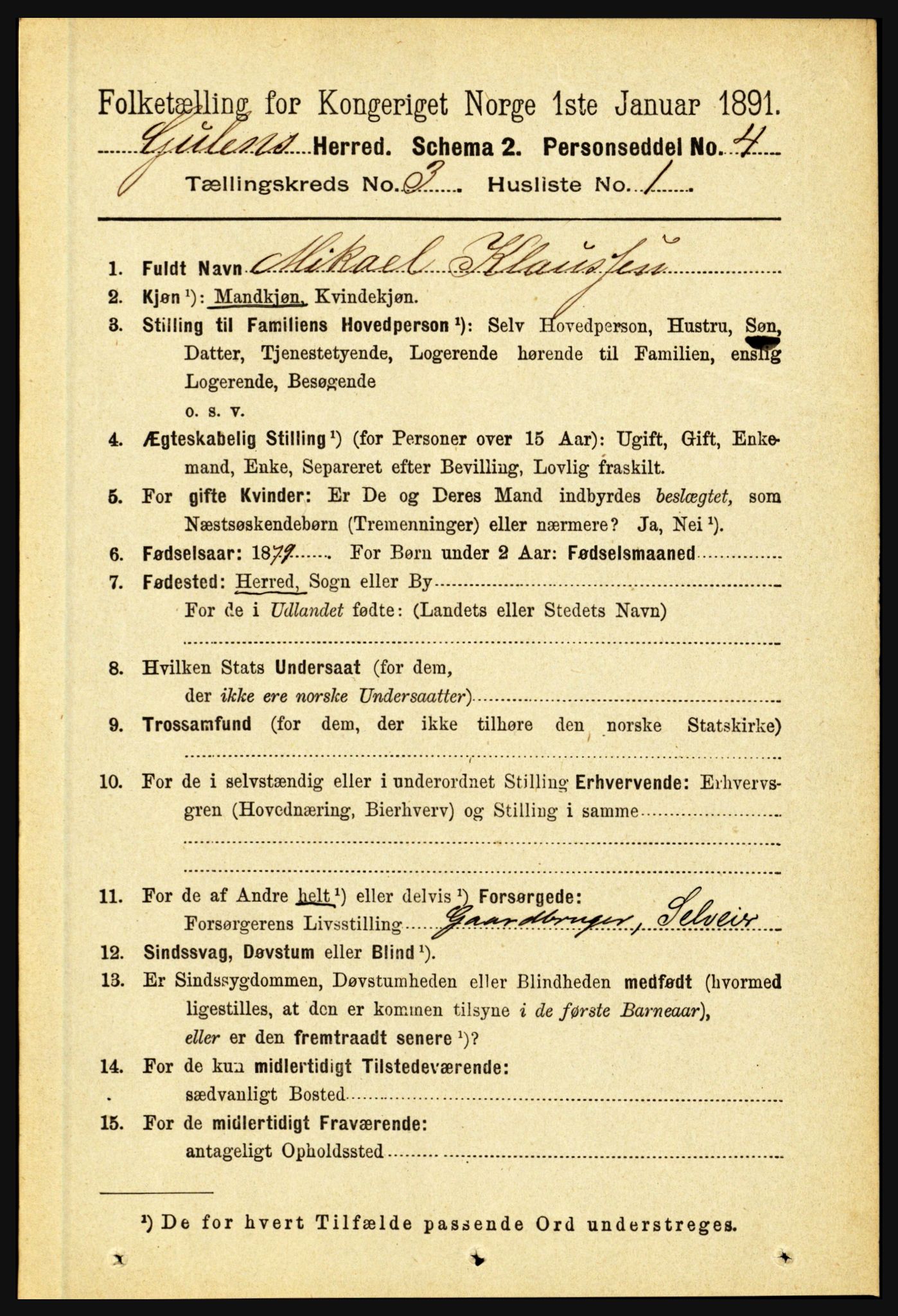 RA, 1891 census for 1411 Gulen, 1891, p. 883