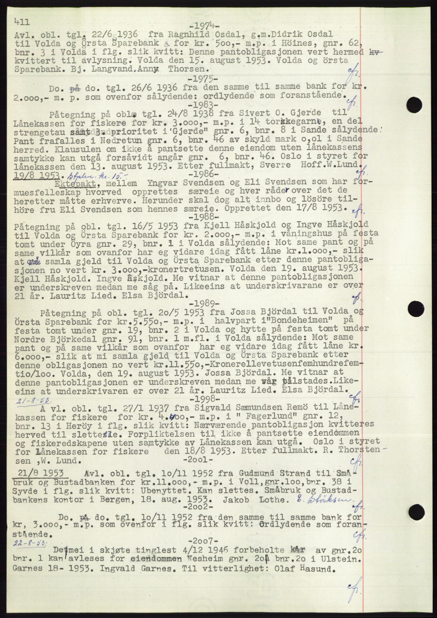 Søre Sunnmøre sorenskriveri, AV/SAT-A-4122/1/2/2C/L0072: Mortgage book no. 66, 1941-1955, Diary no: : 1974/1953