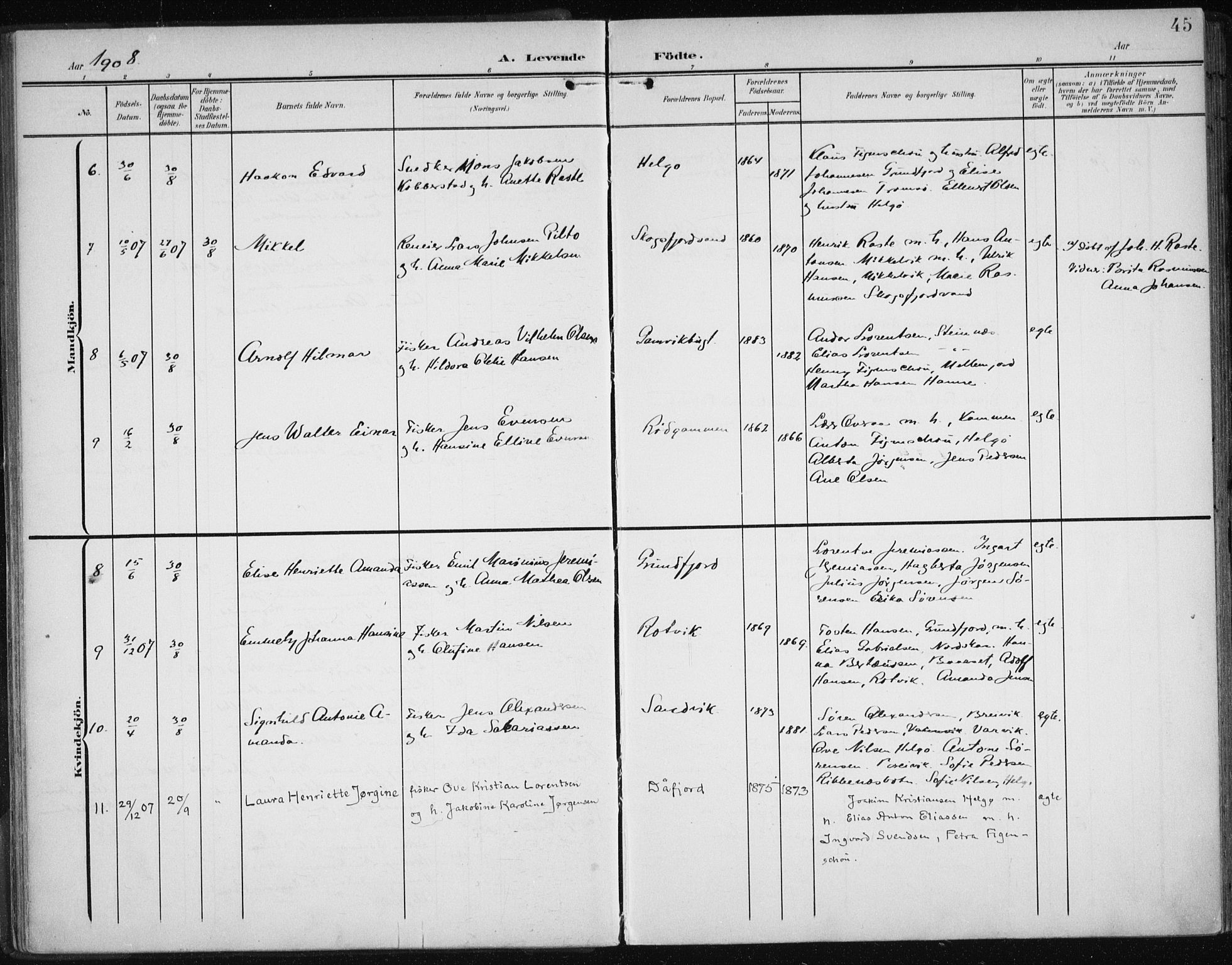 Karlsøy sokneprestembete, AV/SATØ-S-1299/H/Ha/Haa/L0013kirke: Parish register (official) no. 13, 1902-1916, p. 45