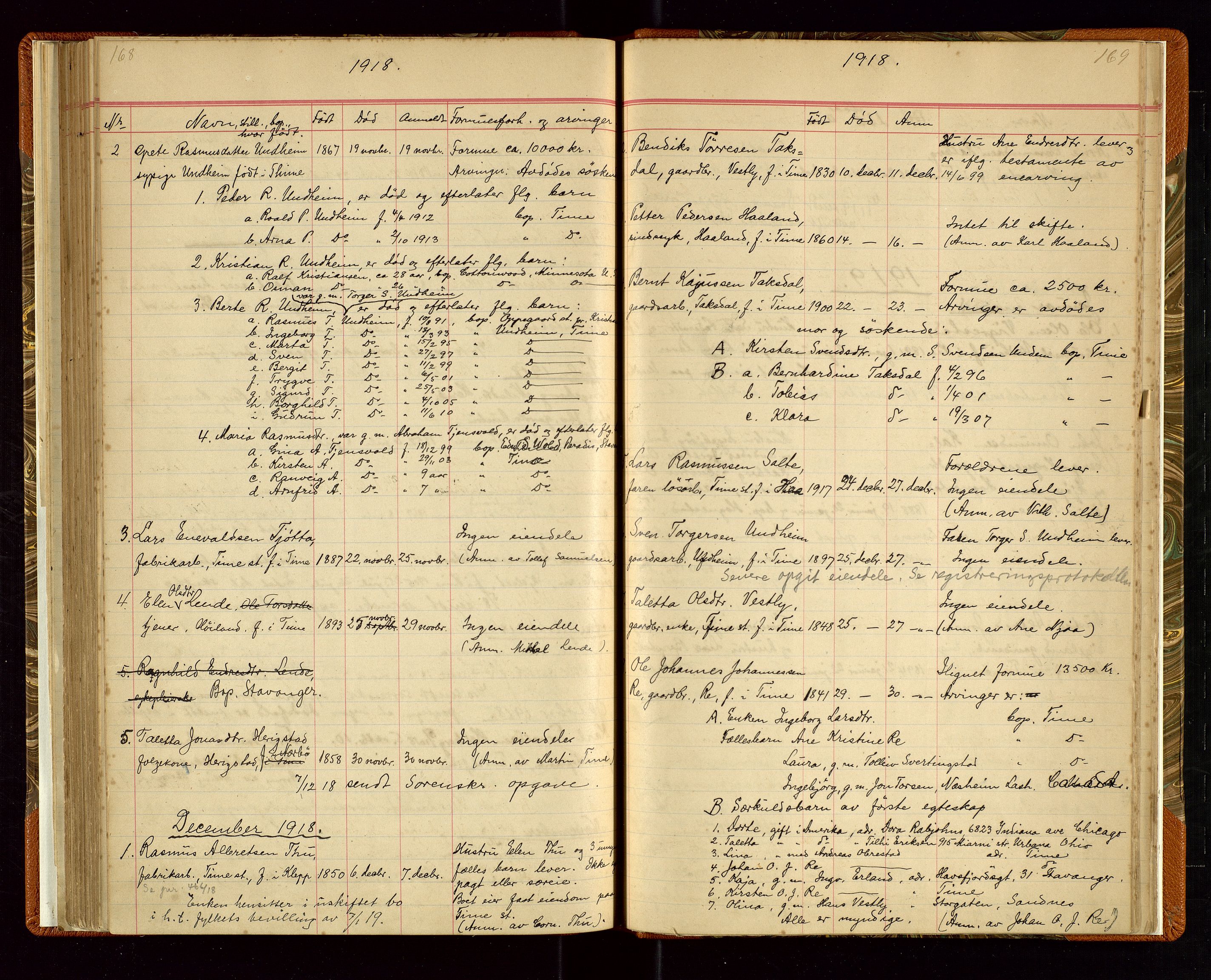 Time lensmannskontor, SAST/A-100420/Gga/L0001: Dødsfallprotokoll m/alfabetisk register, 1880-1921, p. 168-169