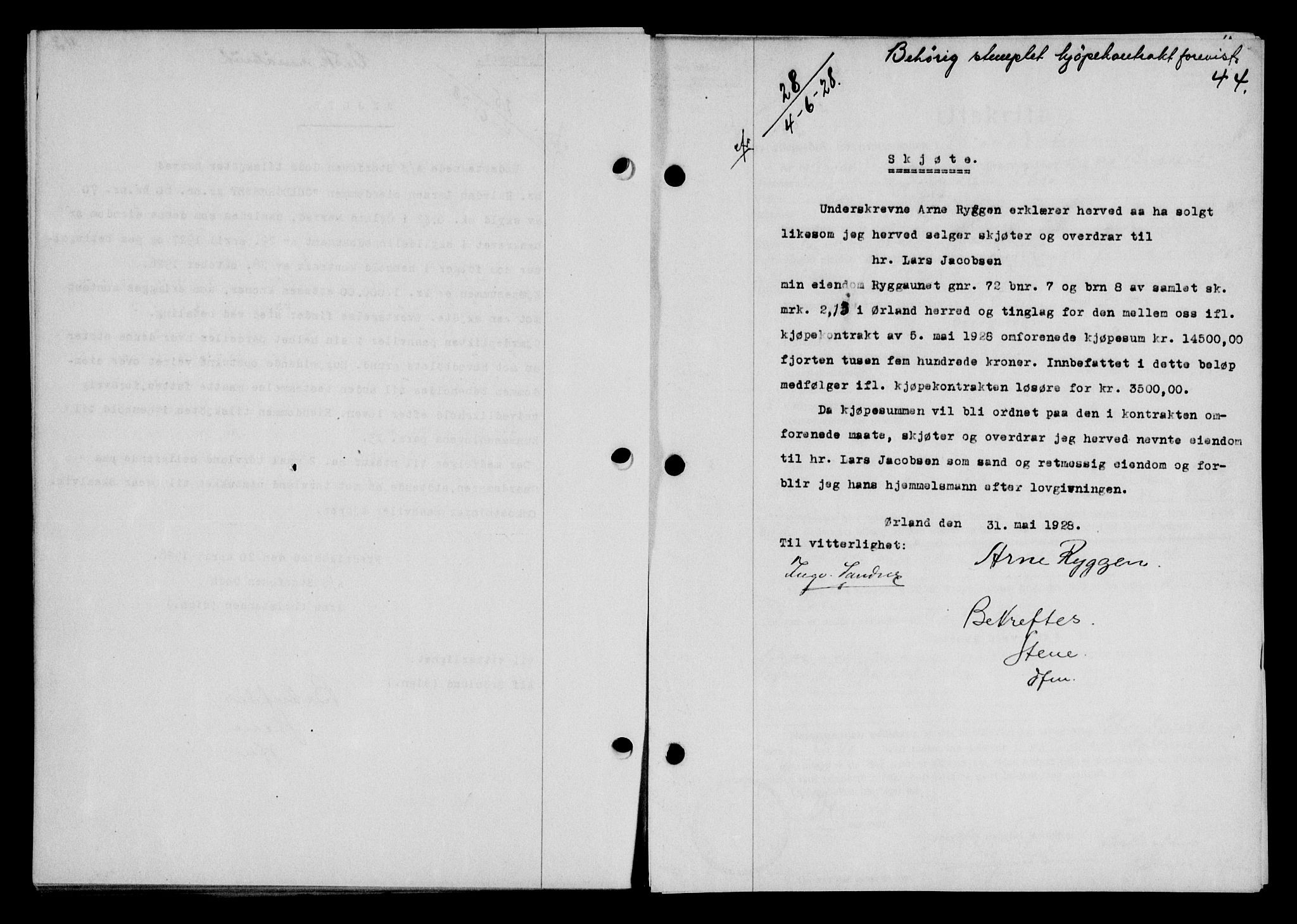 Fosen sorenskriveri, AV/SAT-A-1107/1/2/2C/L0067: Mortgage book no. 58, 1928-1929, p. 44, Deed date: 04.06.1928