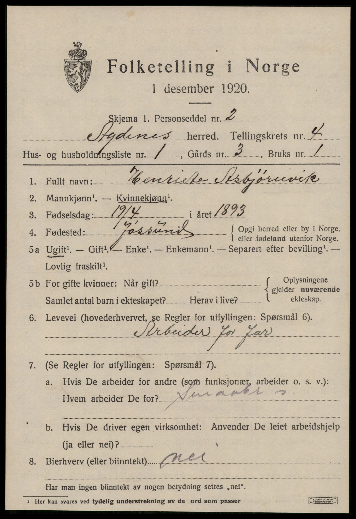 SAT, 1920 census for Agdenes, 1920, p. 2035