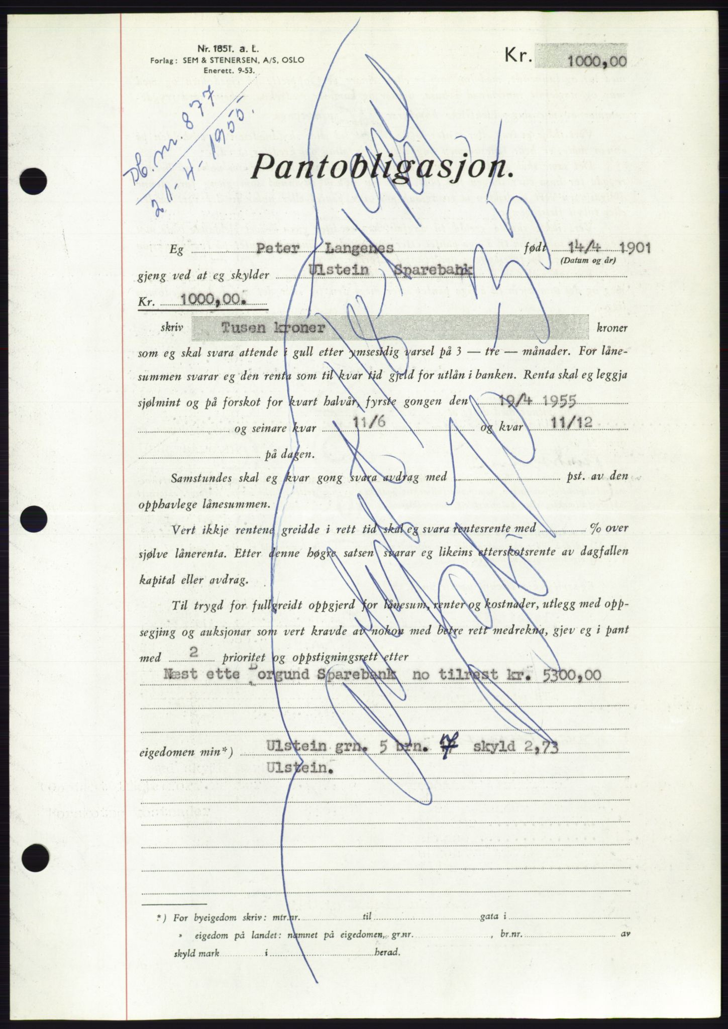 Søre Sunnmøre sorenskriveri, AV/SAT-A-4122/1/2/2C/L0126: Mortgage book no. 14B, 1954-1955, Diary no: : 877/1955