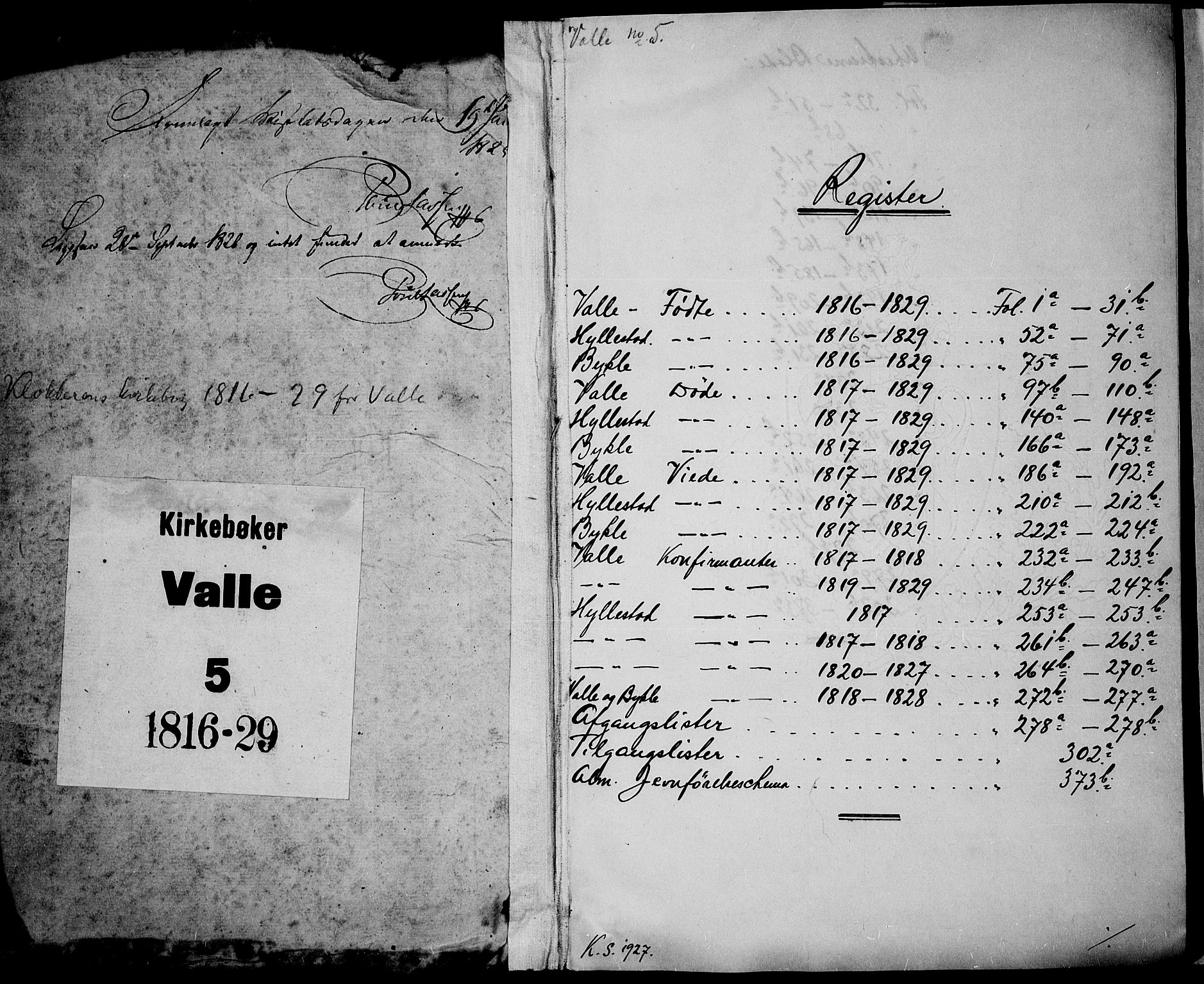Valle sokneprestkontor, SAK/1111-0044/F/Fb/Fbc/L0001: Parish register (copy) no. B 1 /1, 1816-1829