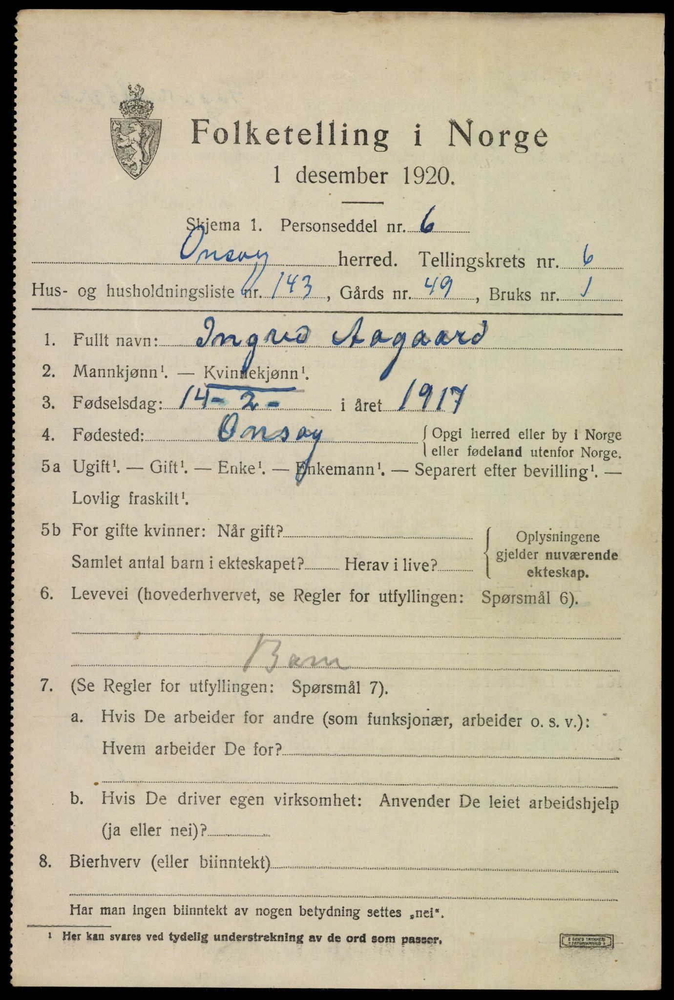 SAO, 1920 census for Onsøy, 1920, p. 10566