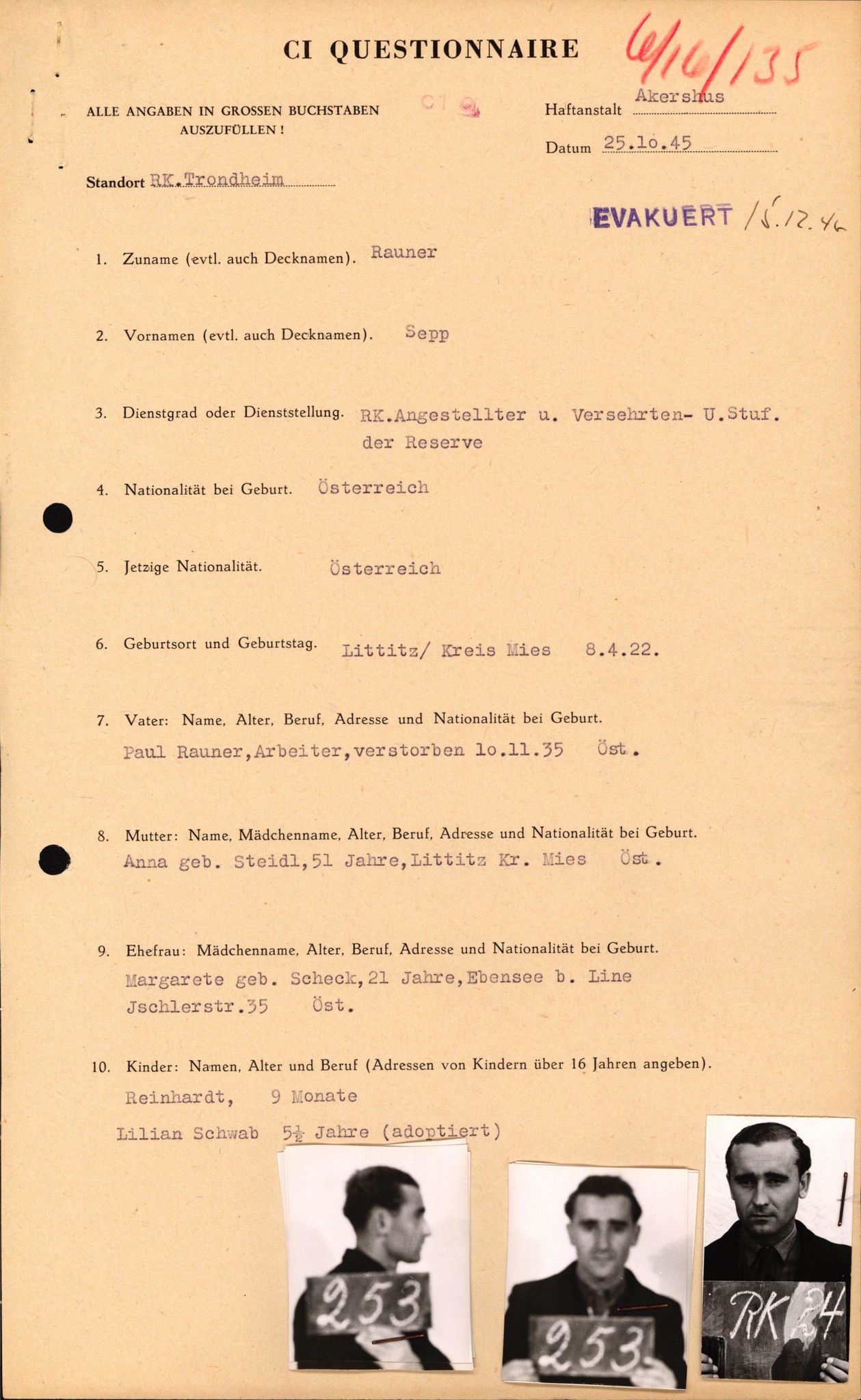 Forsvaret, Forsvarets overkommando II, AV/RA-RAFA-3915/D/Db/L0040: CI Questionaires. Tyske okkupasjonsstyrker i Norge. Østerrikere., 1945-1946, p. 86
