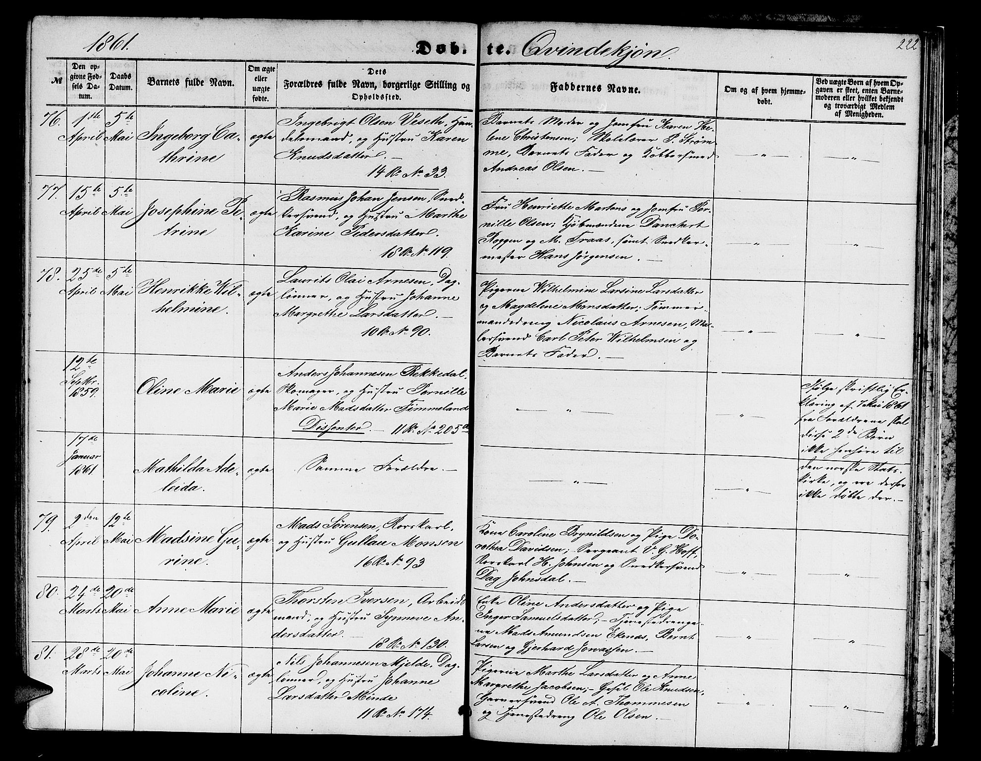 Domkirken sokneprestembete, AV/SAB-A-74801/H/Hab/L0011: Parish register (copy) no. B 4, 1856-1862, p. 222