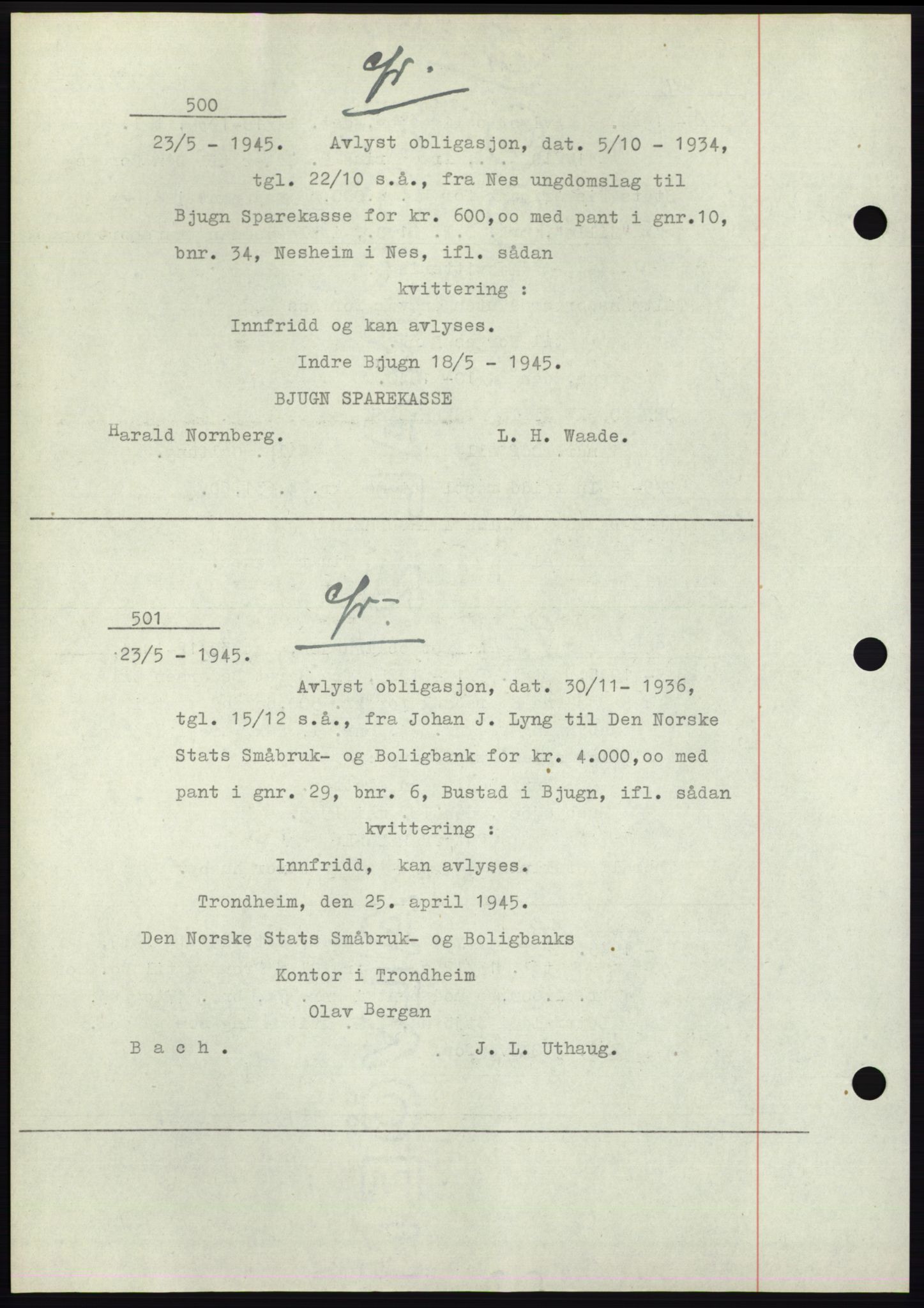 Fosen sorenskriveri, AV/SAT-A-1107/1/2/2C: Mortgage book no. B1, 1943-1946, Diary no: : 500/1945