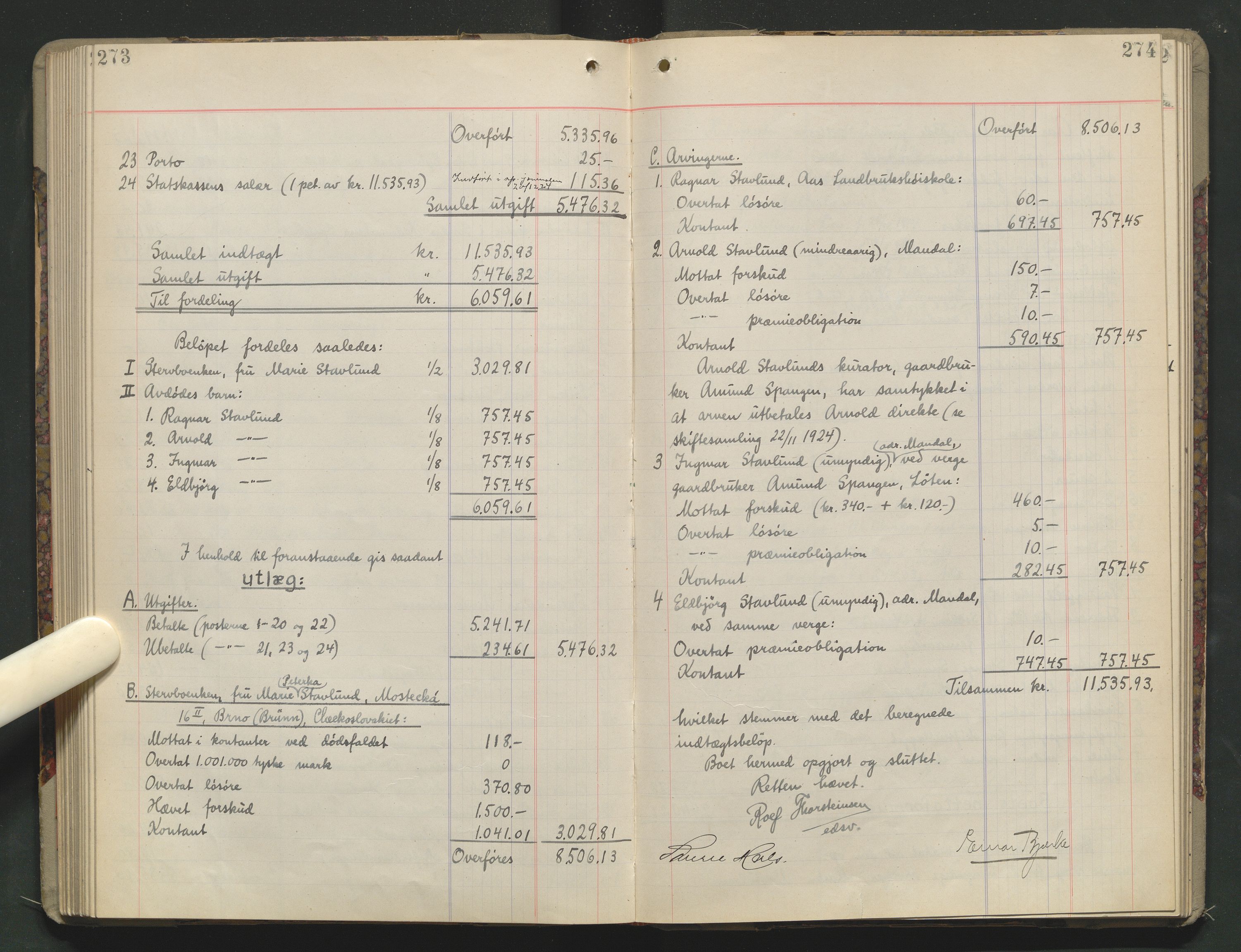 Sør-Hedmark sorenskriveri, AV/SAH-TING-014/J/Ja/Jad/L0005: Skifteutlodningsprotokoll - landet, 1919-1925, p. 273-274