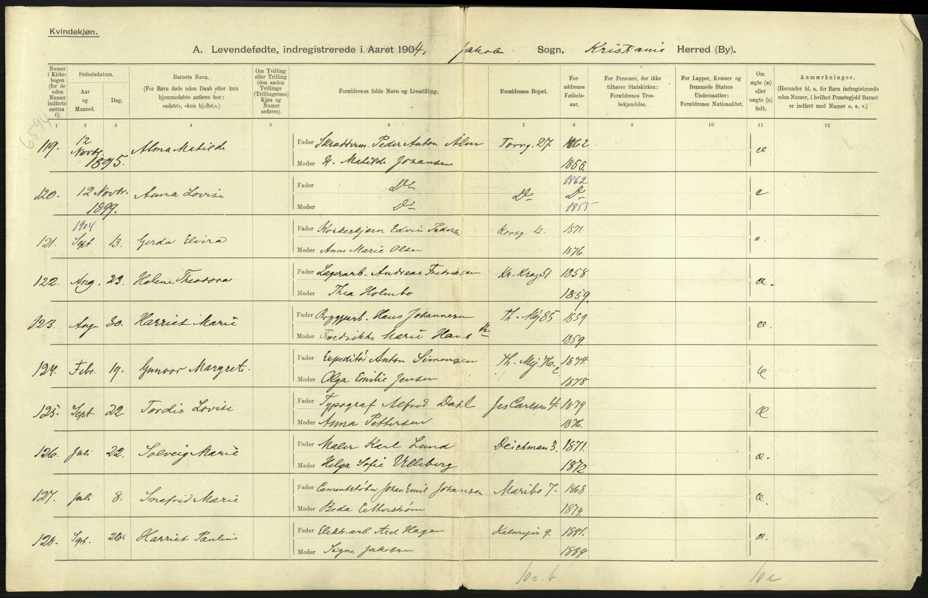 Statistisk sentralbyrå, Sosiodemografiske emner, Befolkning, AV/RA-S-2228/D/Df/Dfa/Dfab/L0003: Kristiania: Fødte, 1904, p. 1