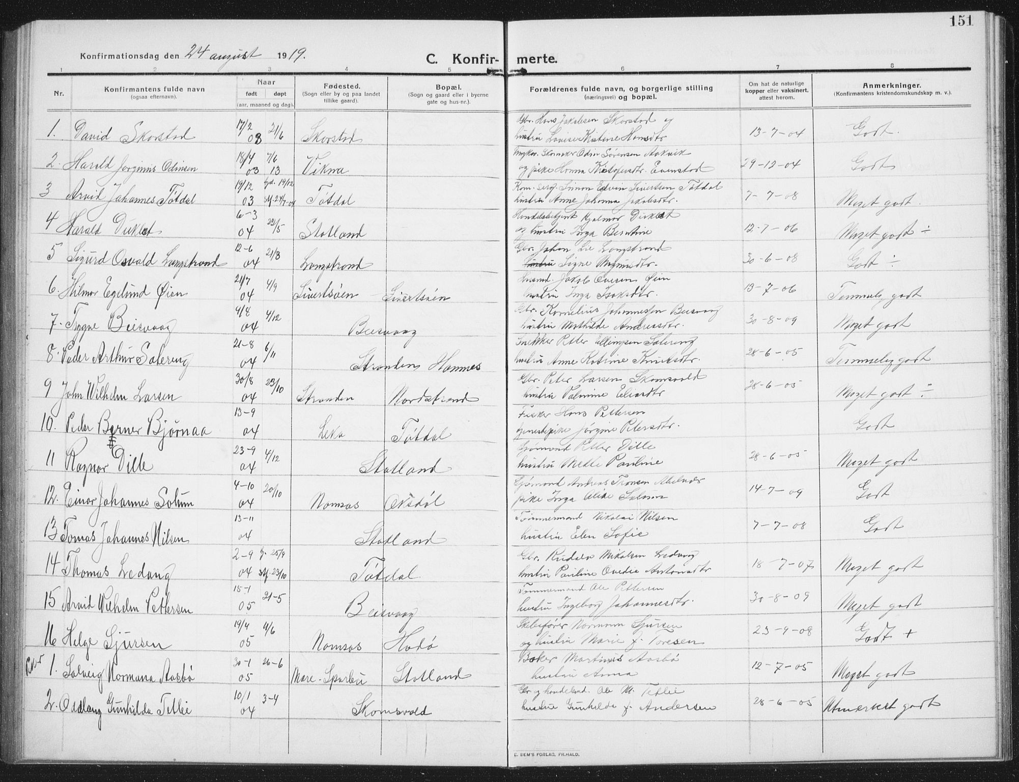 Ministerialprotokoller, klokkerbøker og fødselsregistre - Nord-Trøndelag, SAT/A-1458/774/L0630: Parish register (copy) no. 774C01, 1910-1934, p. 151