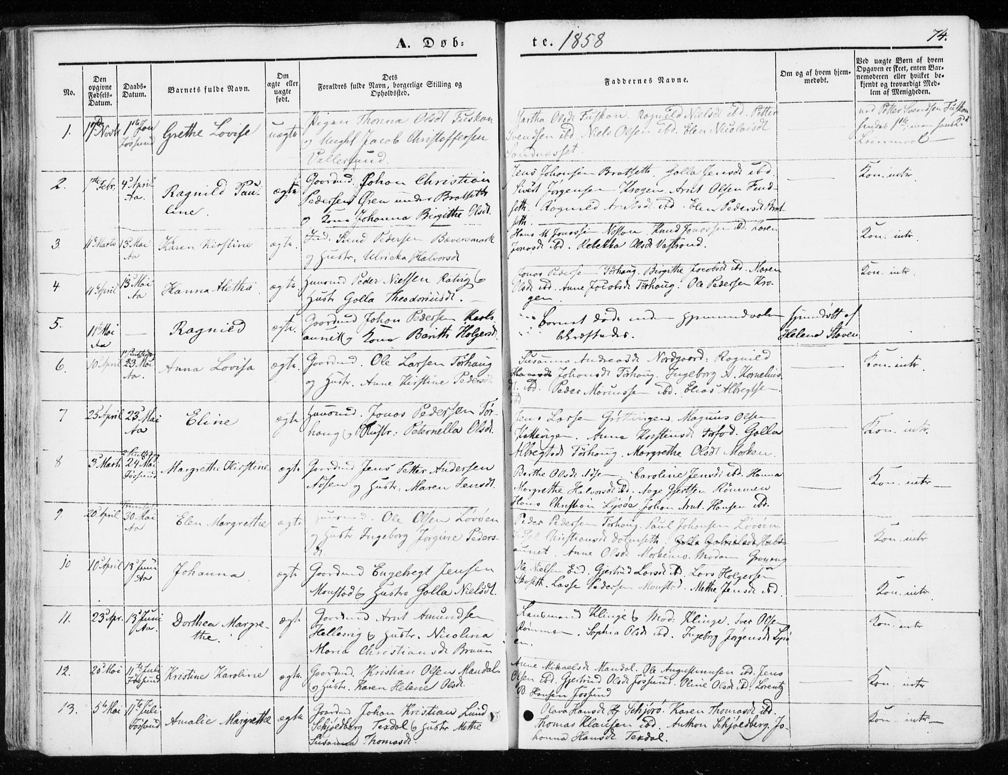 Ministerialprotokoller, klokkerbøker og fødselsregistre - Sør-Trøndelag, SAT/A-1456/655/L0677: Parish register (official) no. 655A06, 1847-1860, p. 74